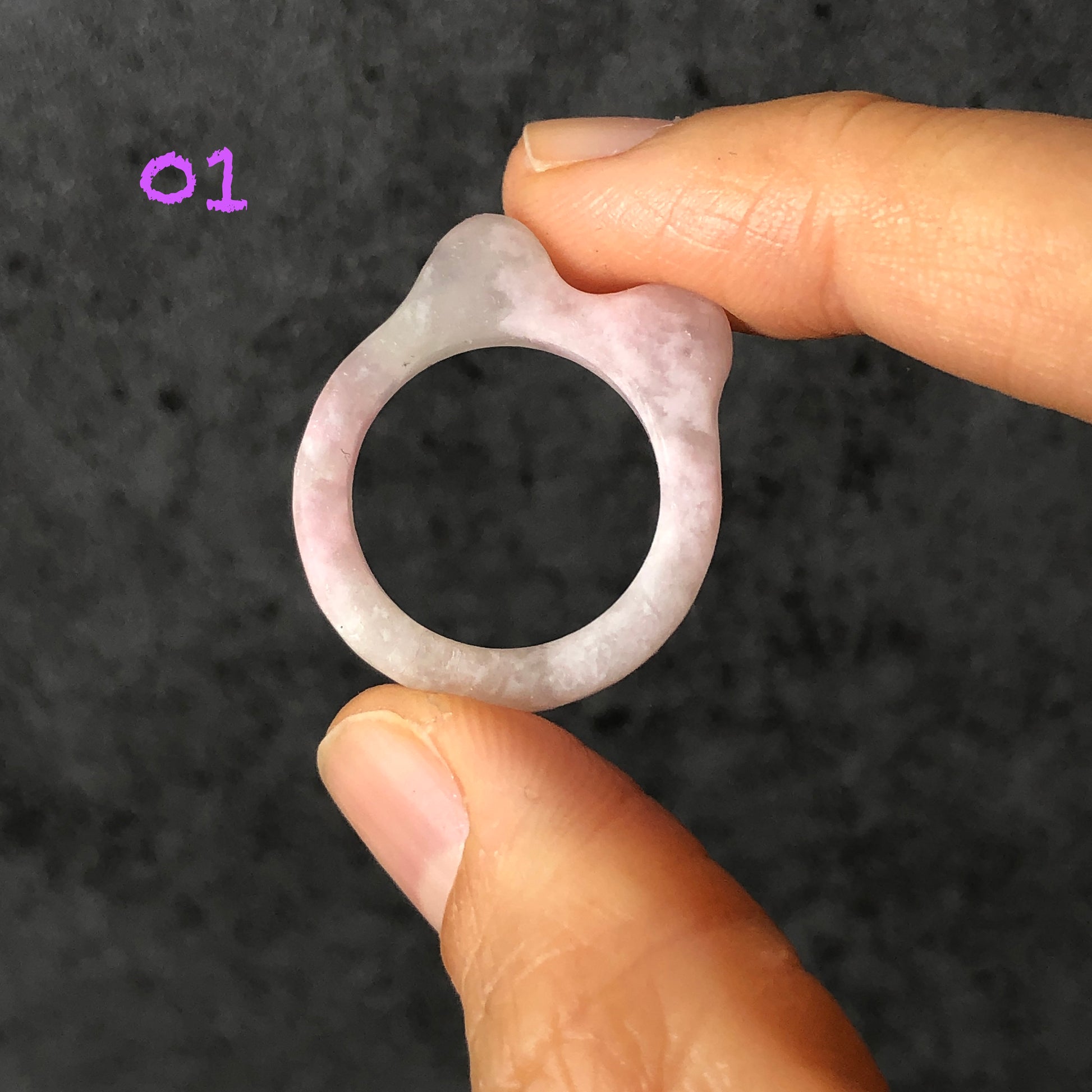 Natural She Taicui Jade (Quartzite) Carved Kitten Cat Ears Pink Crystal Ring | White Snow Flake | 17mm+ (US 7-7.5) | Icy Translucent