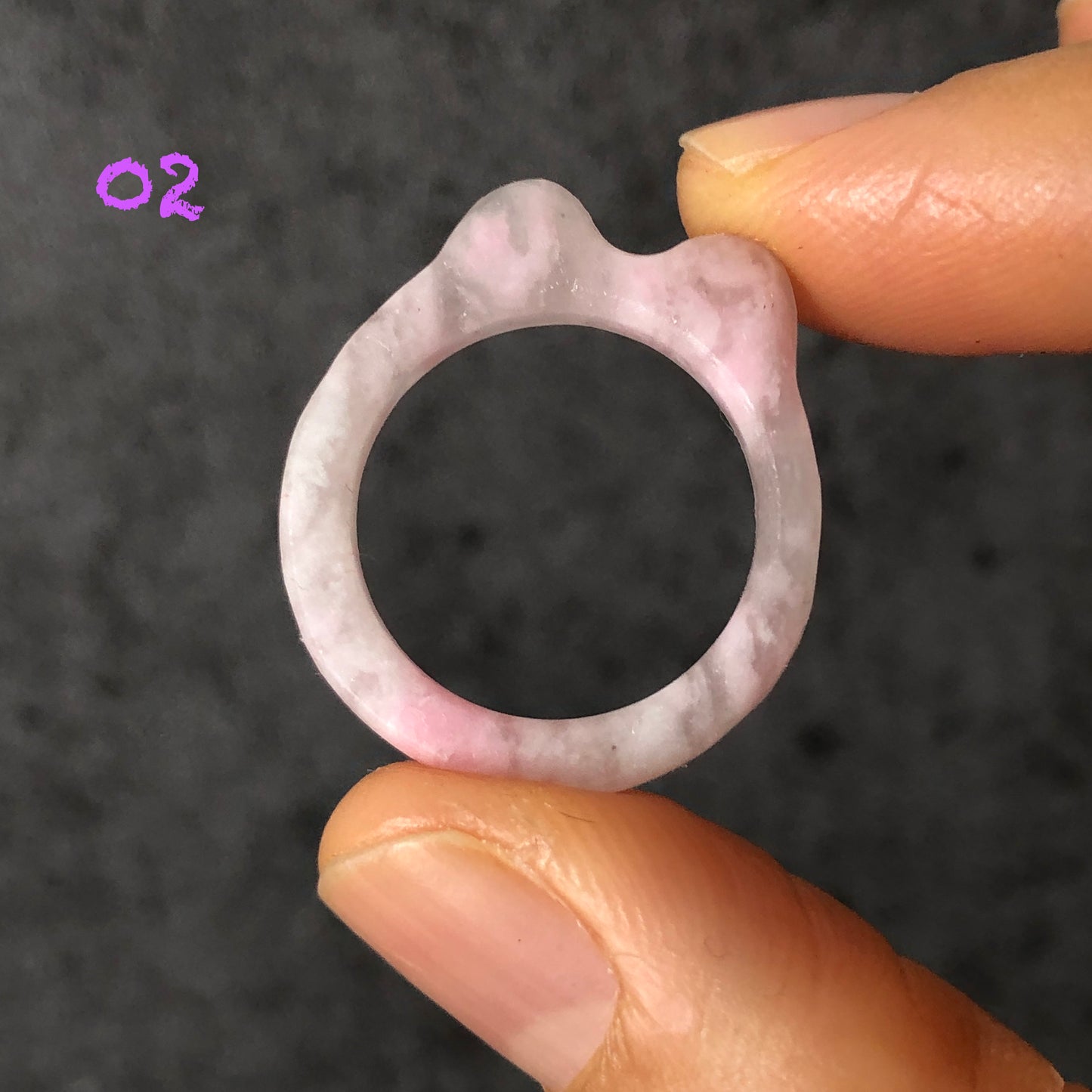 Natural She Taicui Jade (Quartzite) Carved Kitten Cat Ears Pink Crystal Ring | White Snow Flake | 17mm+ (US 7-7.5) | Icy Translucent