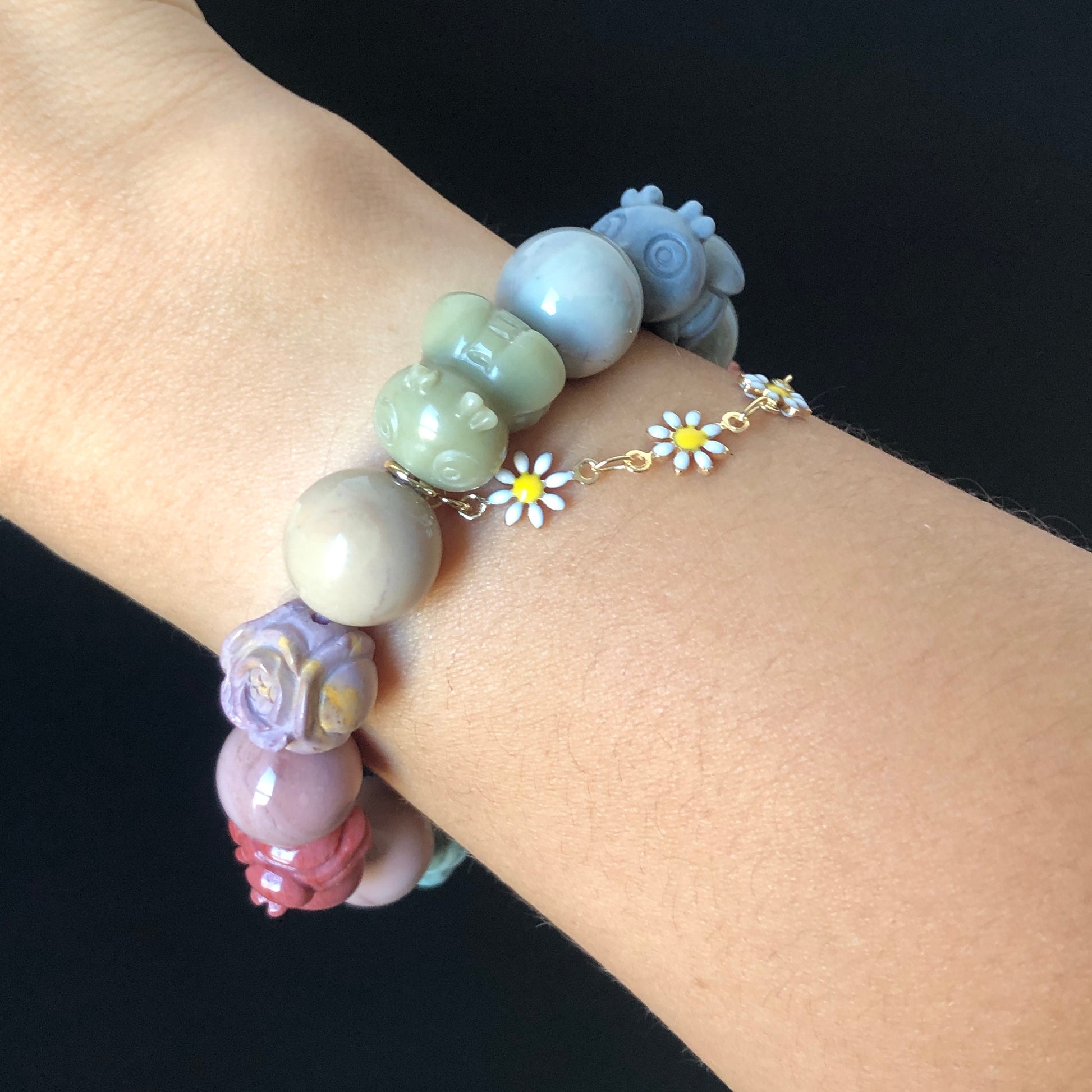 Alashan Agate carved Bees with Rose Charm Bead Crystal Gemstone custom made DIY Bracelet | Daisy Citrine Dangler | Macaron Rainbow Colour