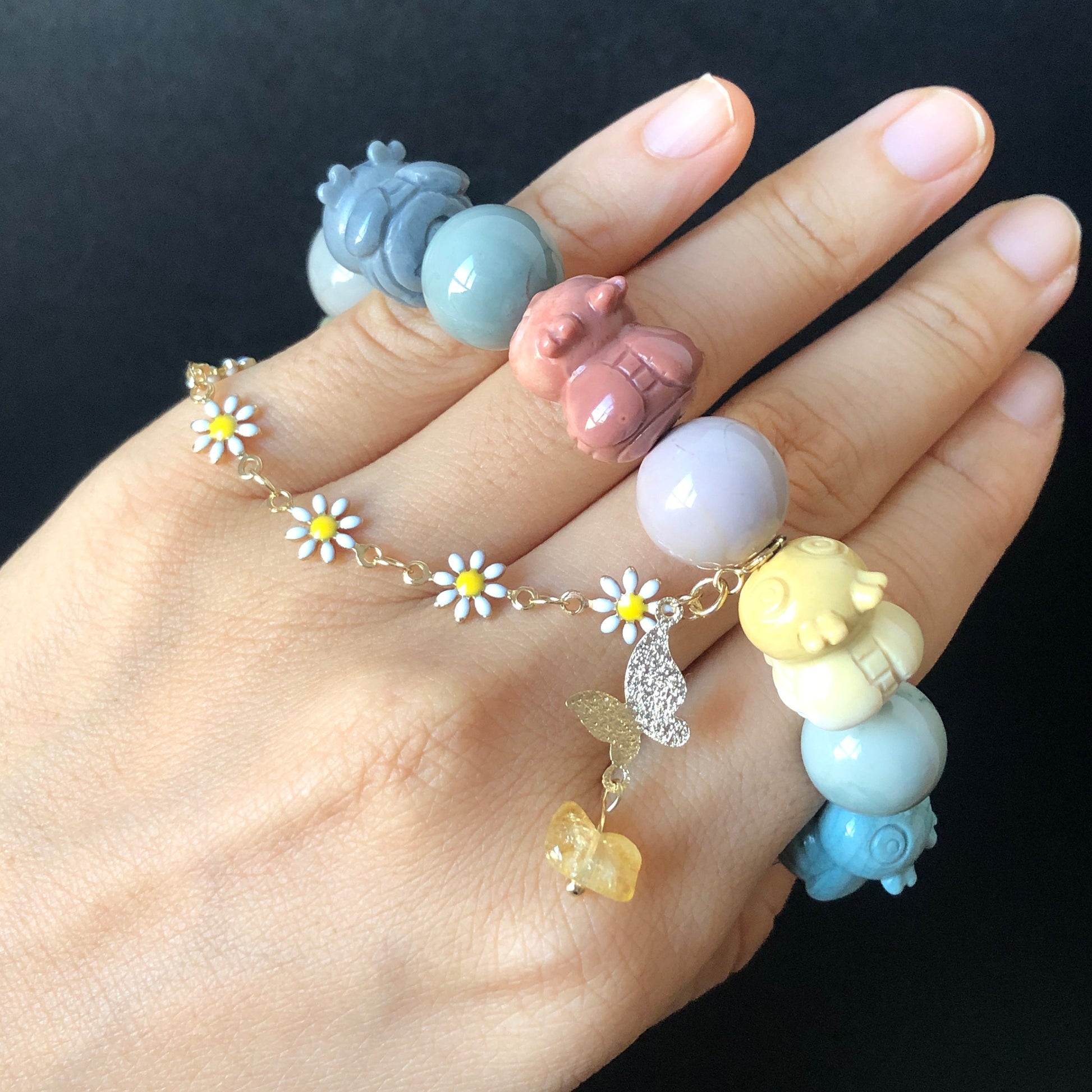 Alashan Agate carved Bees with Rose Charm Bead Crystal Gemstone custom made DIY Bracelet | Daisy Citrine Dangler | Macaron Rainbow Colour