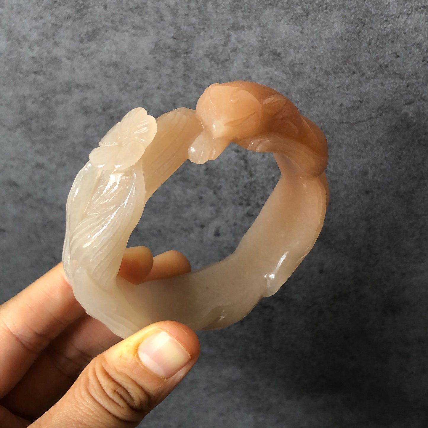 48-70mm Custom Size Natural Quartzite (SheTaicui jade) Hand Carved Nine-tailed Fox with Flower Stone Crystal Bangle | Icy Milky Coral Sands