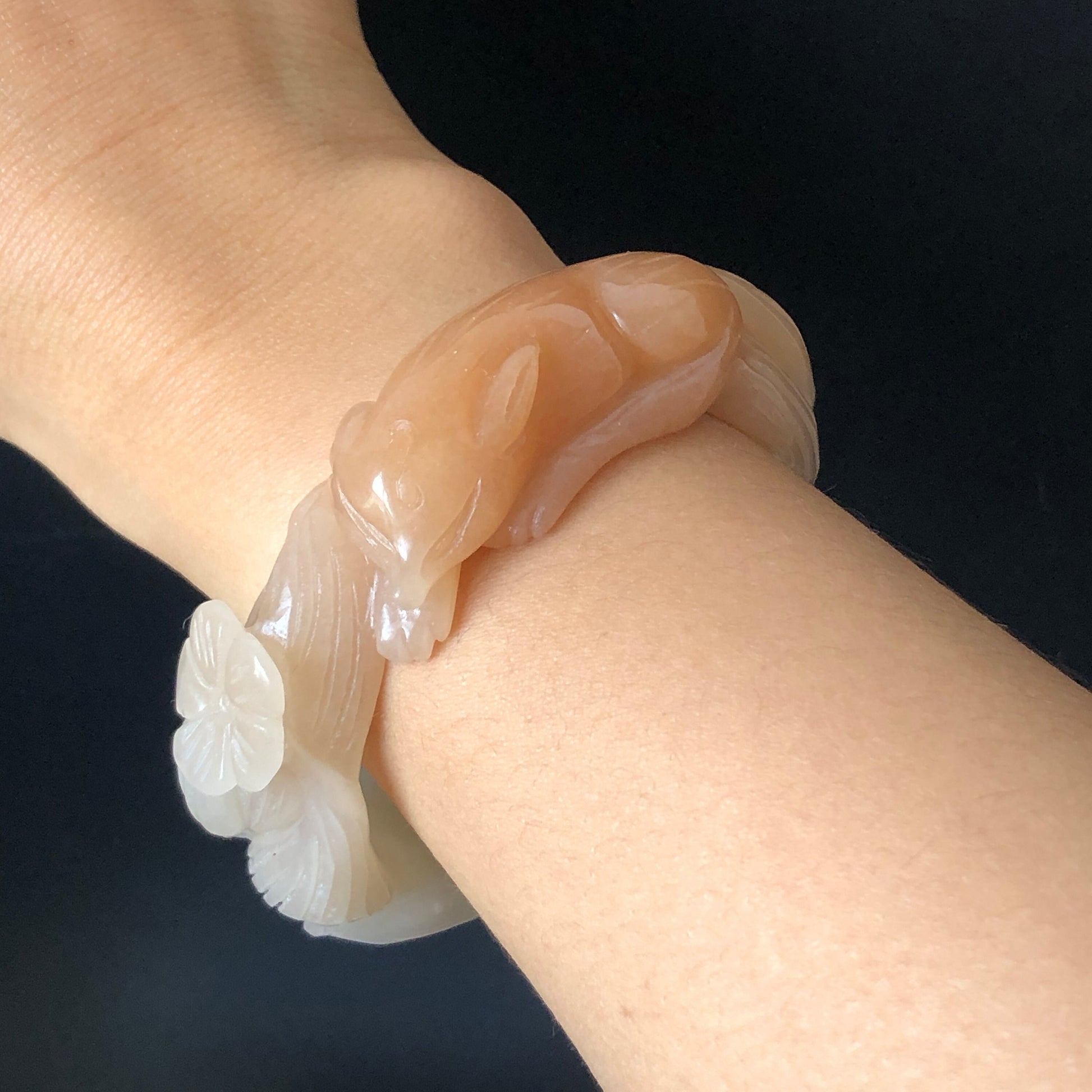 48-70mm Custom Size Natural Quartzite (SheTaicui jade) Hand Carved Nine-tailed Fox with Flower Stone Crystal Bangle | Icy Milky Coral Sands