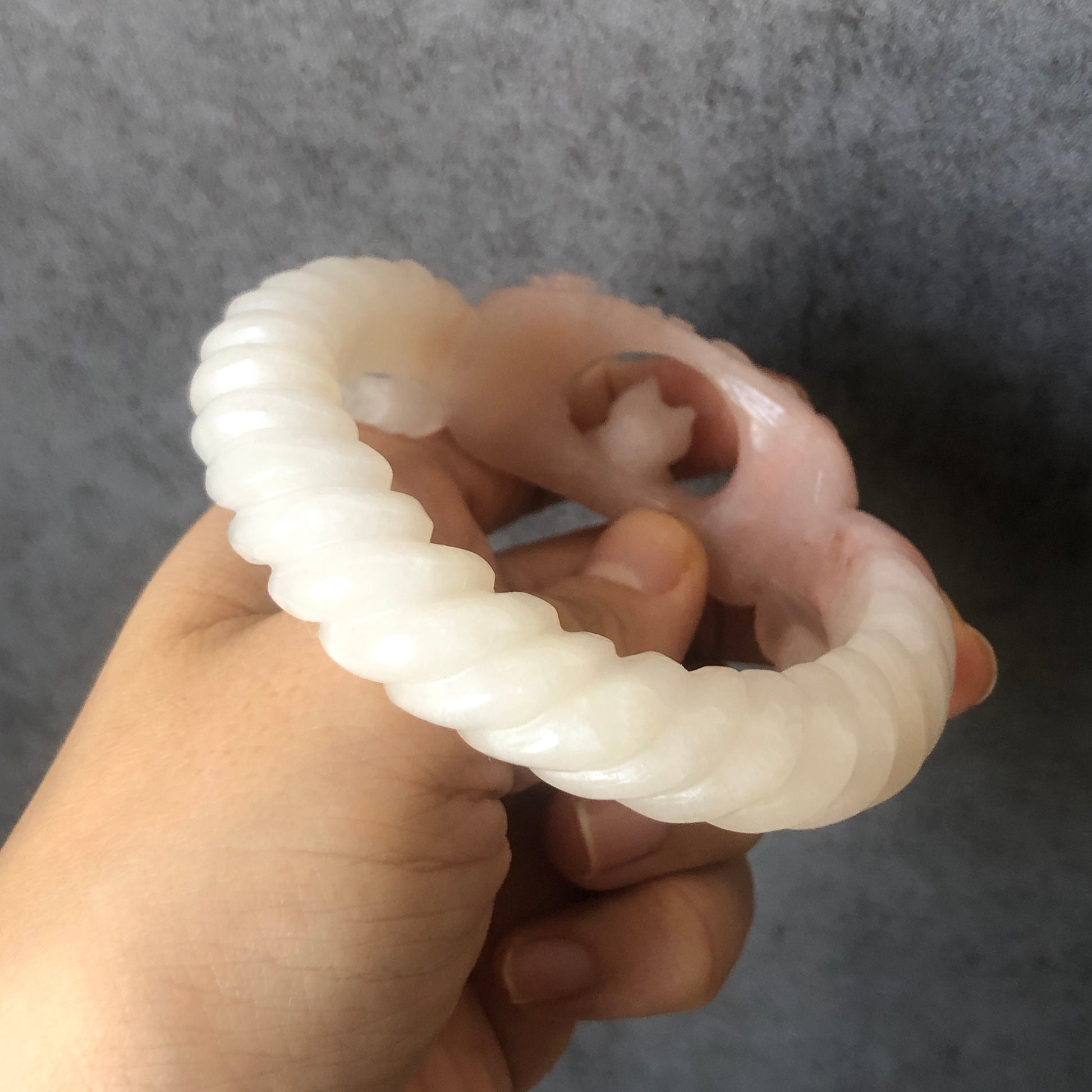 56.5mm Custom Size Natural SheTaiCui Jade (Quartzite) Hand Carved Kitten Cat Flowers Hollow Out Crystal Bangle | Icy Coral Pink