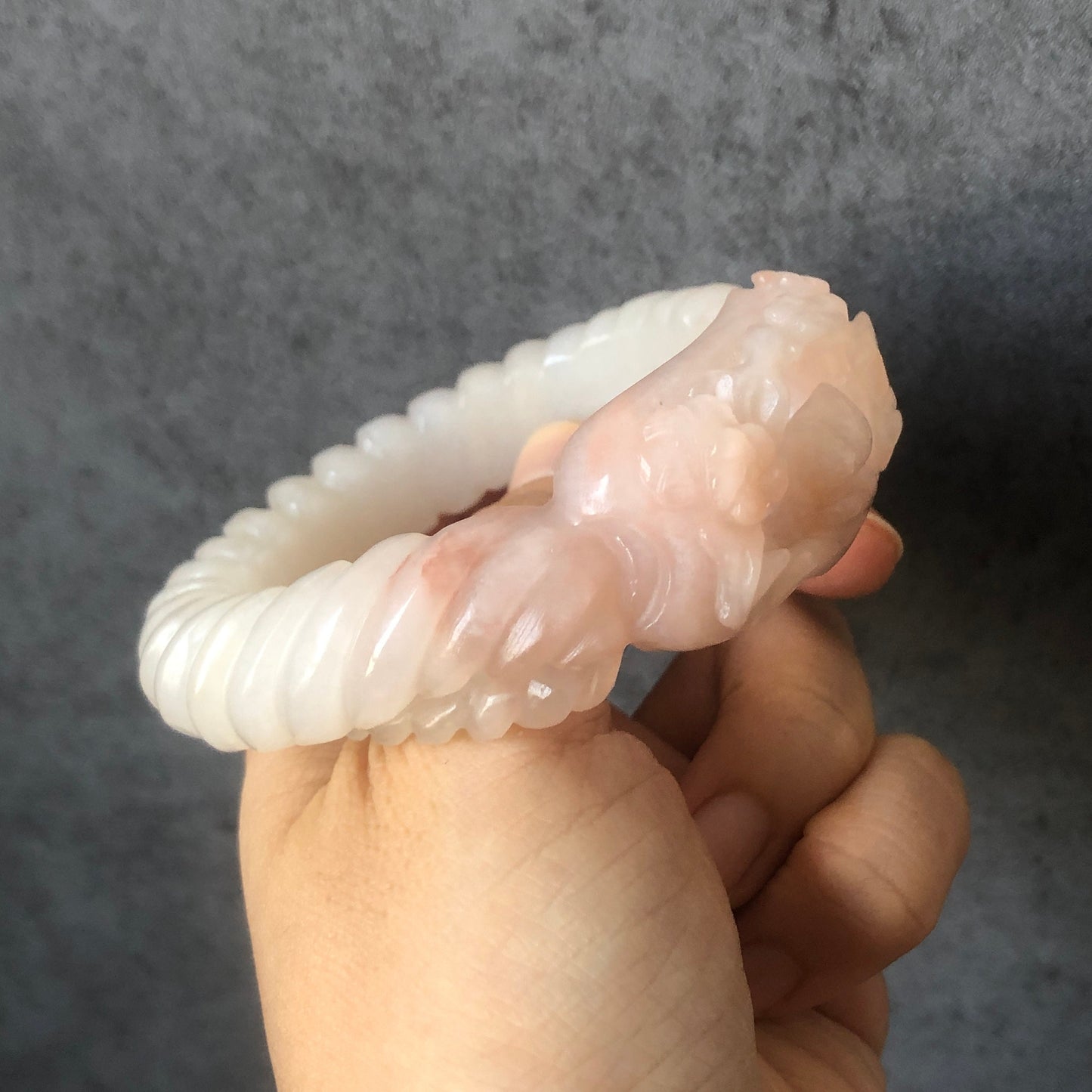 56.5mm Custom Size Natural SheTaiCui Jade (Quartzite) Hand Carved Kitten Cat Flowers Hollow Out Crystal Bangle | Icy Coral Pink