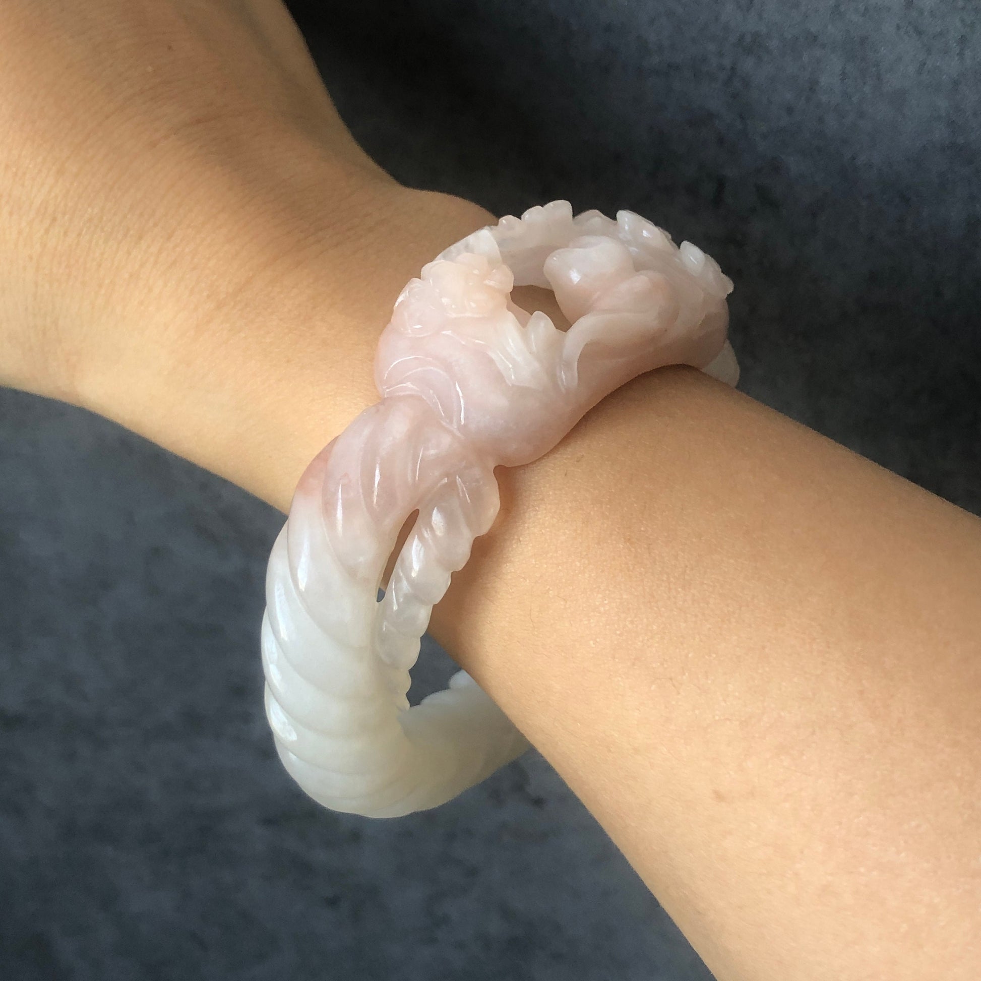 56.5mm Custom Size Natural SheTaiCui Jade (Quartzite) Hand Carved Kitten Cat Flowers Hollow Out Crystal Bangle | Icy Coral Pink