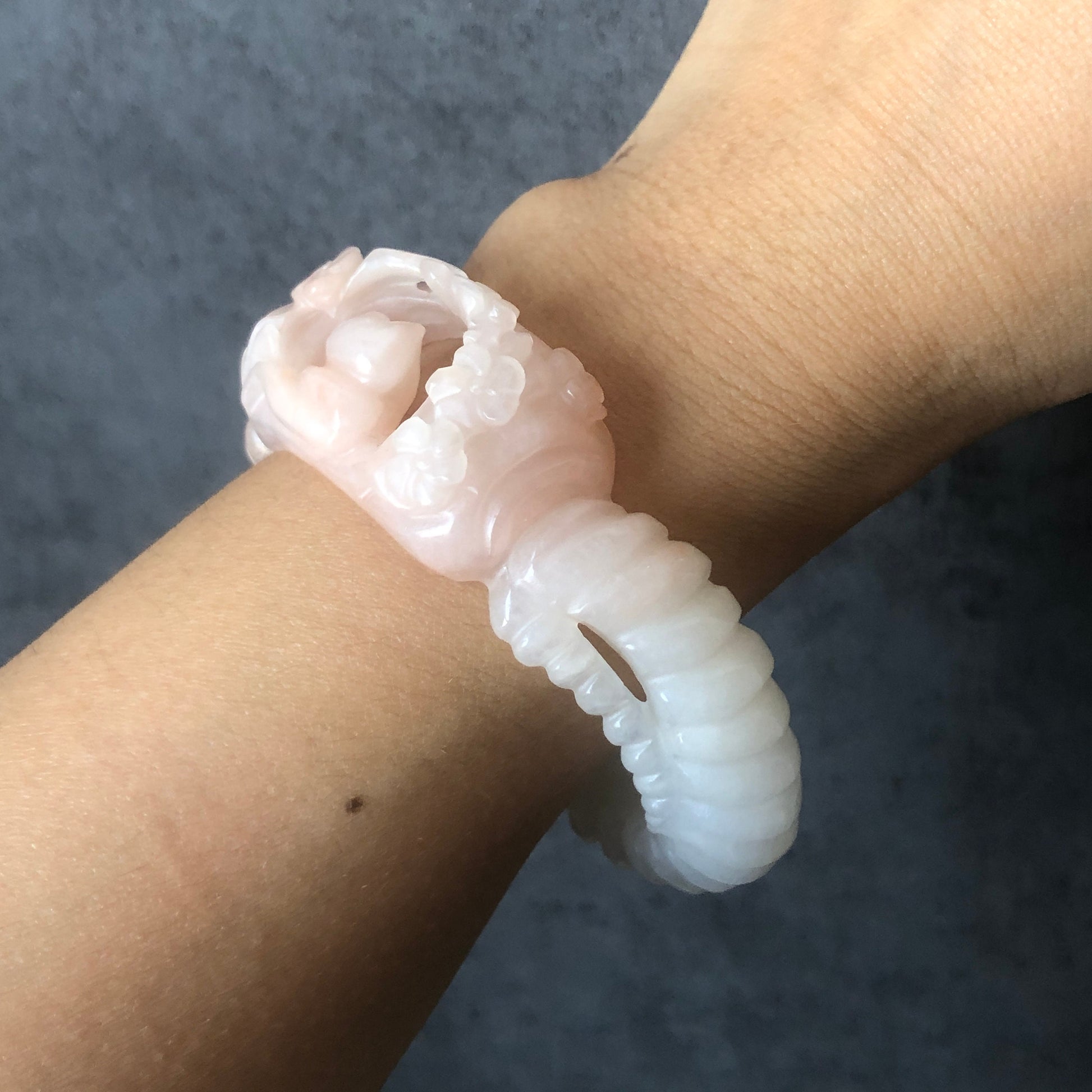 56.5mm Custom Size Natural SheTaiCui Jade (Quartzite) Hand Carved Kitten Cat Flowers Hollow Out Crystal Bangle | Icy Coral Pink