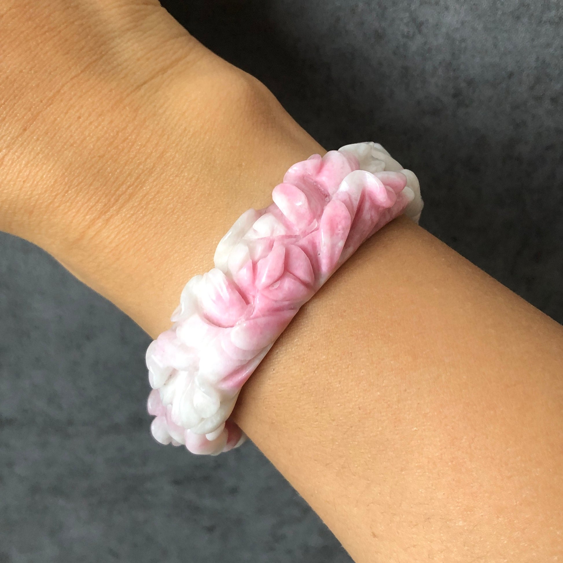 53.6mm Natural SheTaiCui Jade (Quartzite) Hand Carved Peony Flowers Crystal Bangle Bracelet | Gemstone Jewellery | Icy Milky Pink | Snowy