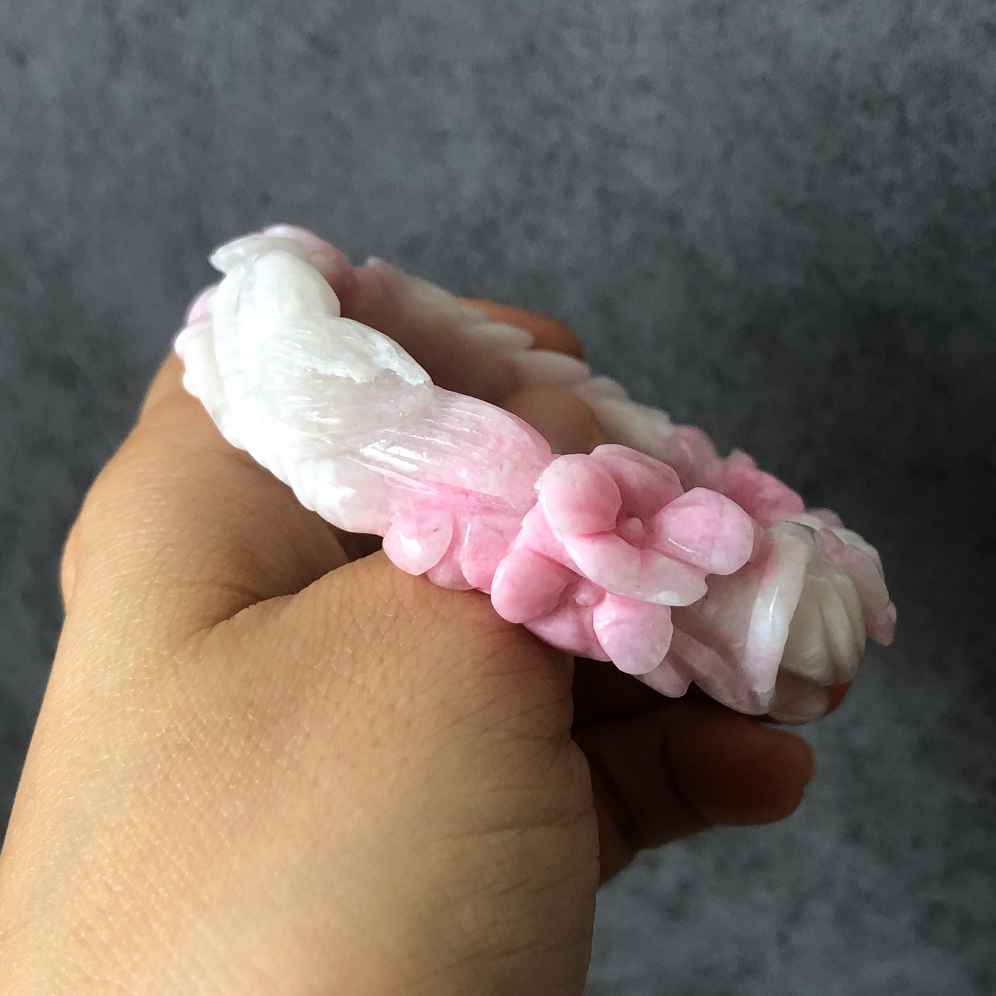 53.6mm Natural SheTaiCui Jade (Quartzite) Hand Carved Peony Flowers Crystal Bangle Bracelet | Gemstone Jewellery | Icy Milky Pink | Snowy