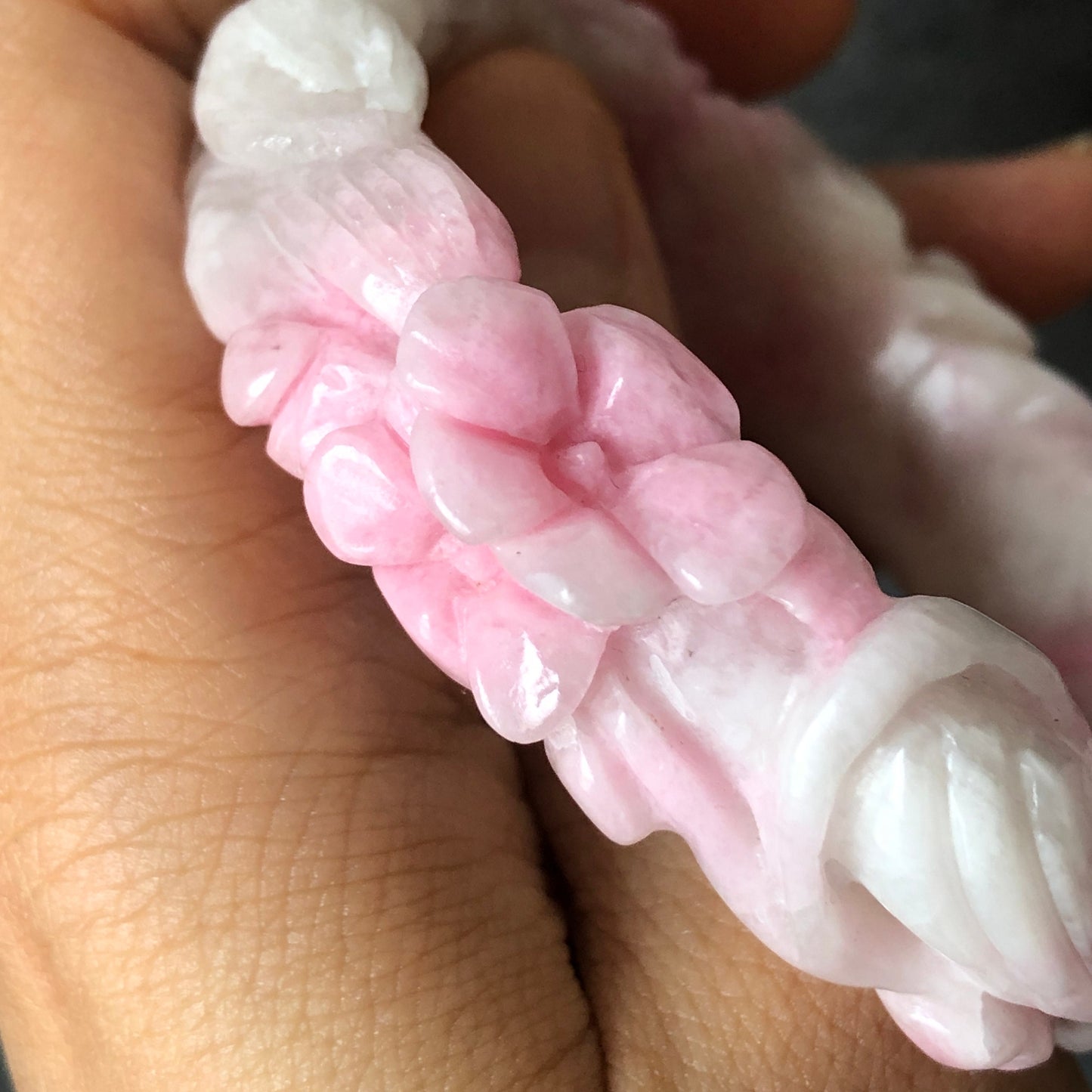 53.6mm Natural SheTaiCui Jade (Quartzite) Hand Carved Peony Flowers Crystal Bangle Bracelet | Gemstone Jewellery | Icy Milky Pink | Snowy