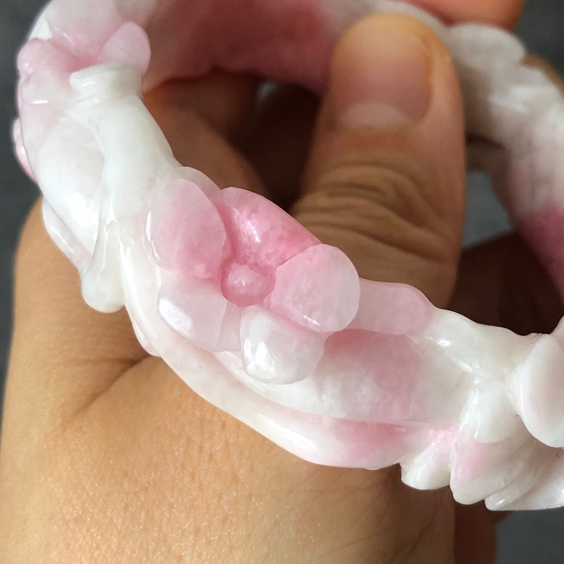 53.6mm Natural SheTaiCui Jade (Quartzite) Hand Carved Peony Flowers Crystal Bangle Bracelet | Gemstone Jewellery | Icy Milky Pink | Snowy