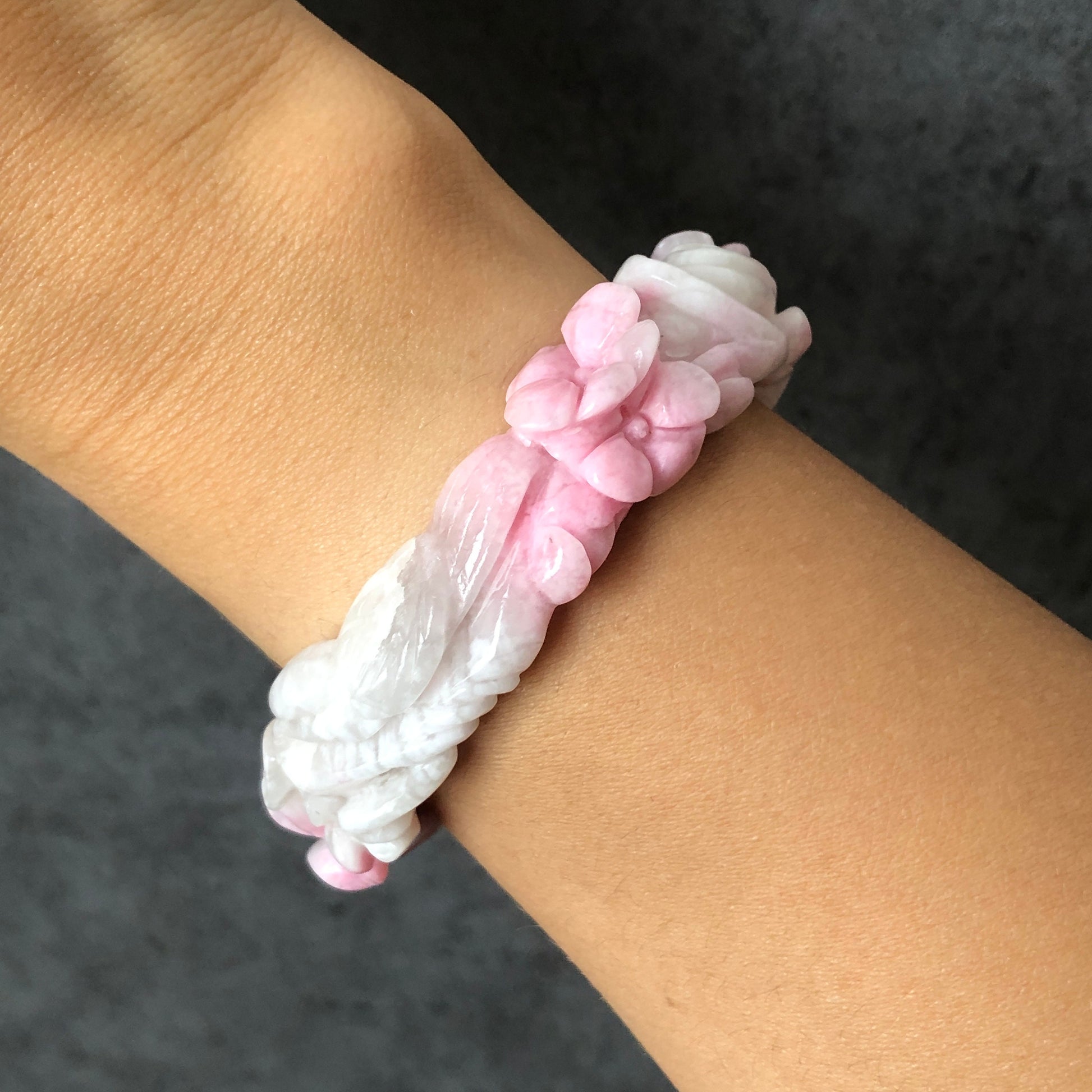 53.6mm Natural SheTaiCui Jade (Quartzite) Hand Carved Peony Flowers Crystal Bangle Bracelet | Gemstone Jewellery | Icy Milky Pink | Snowy