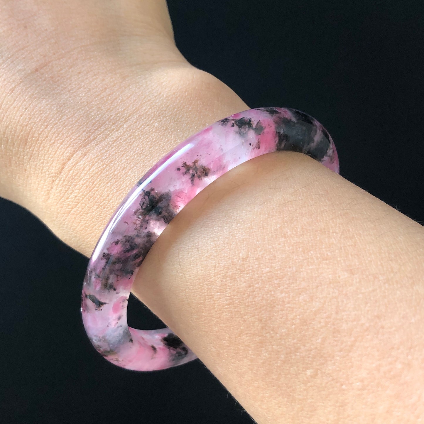 57.6mm Natural Icy Rhodonite Crystal Bangle | Cherry Plum Blossom Sakura Rain | Chinese Painting Danqing | Black Lances | Healing Stone Gift