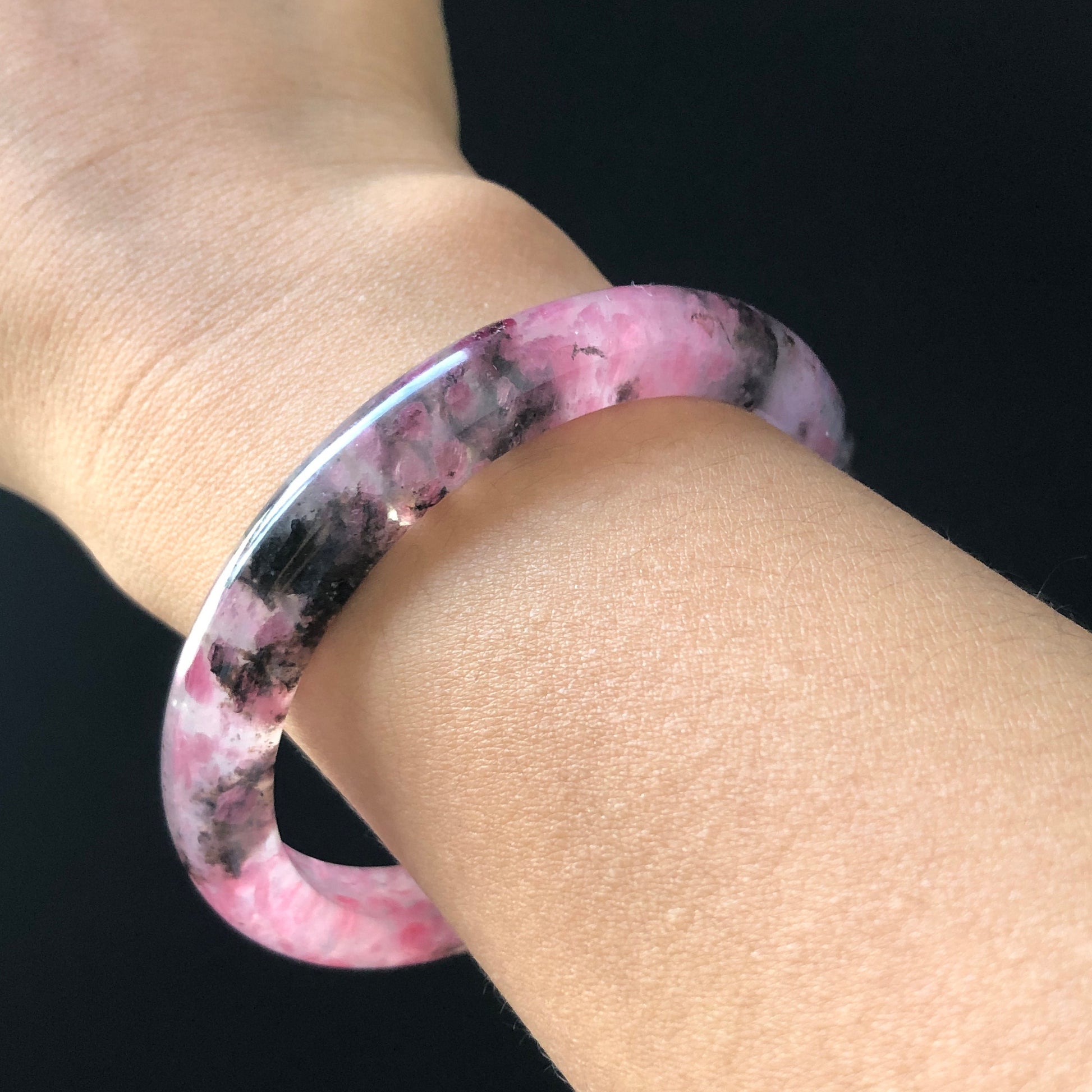 57.6mm Natural Icy Rhodonite Crystal Bangle | Cherry Plum Blossom Sakura Rain | Chinese Painting Danqing | Black Lances | Healing Stone Gift