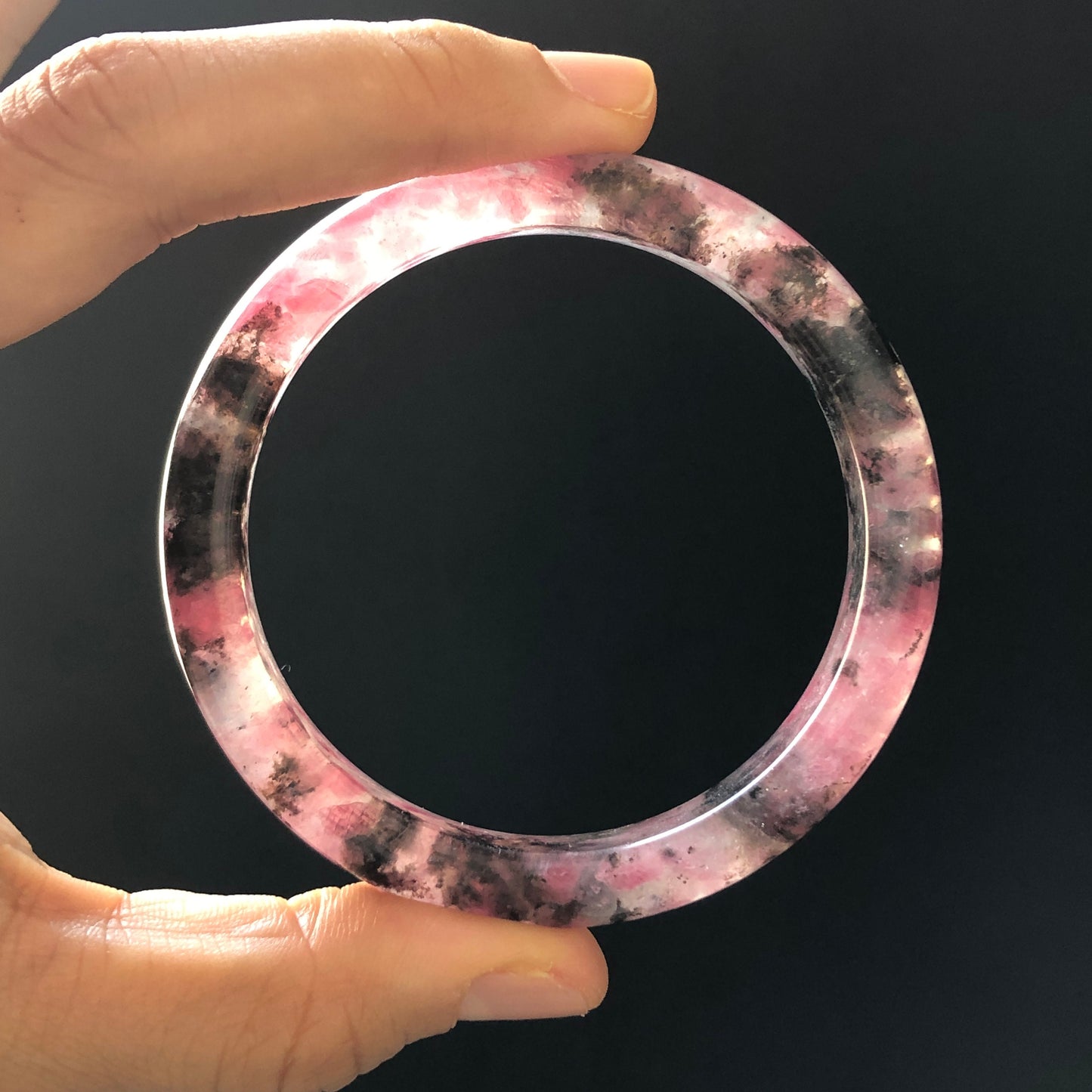 57.6mm Natural Icy Rhodonite Crystal Bangle | Cherry Plum Blossom Sakura Rain | Chinese Painting Danqing | Black Lances | Healing Stone Gift