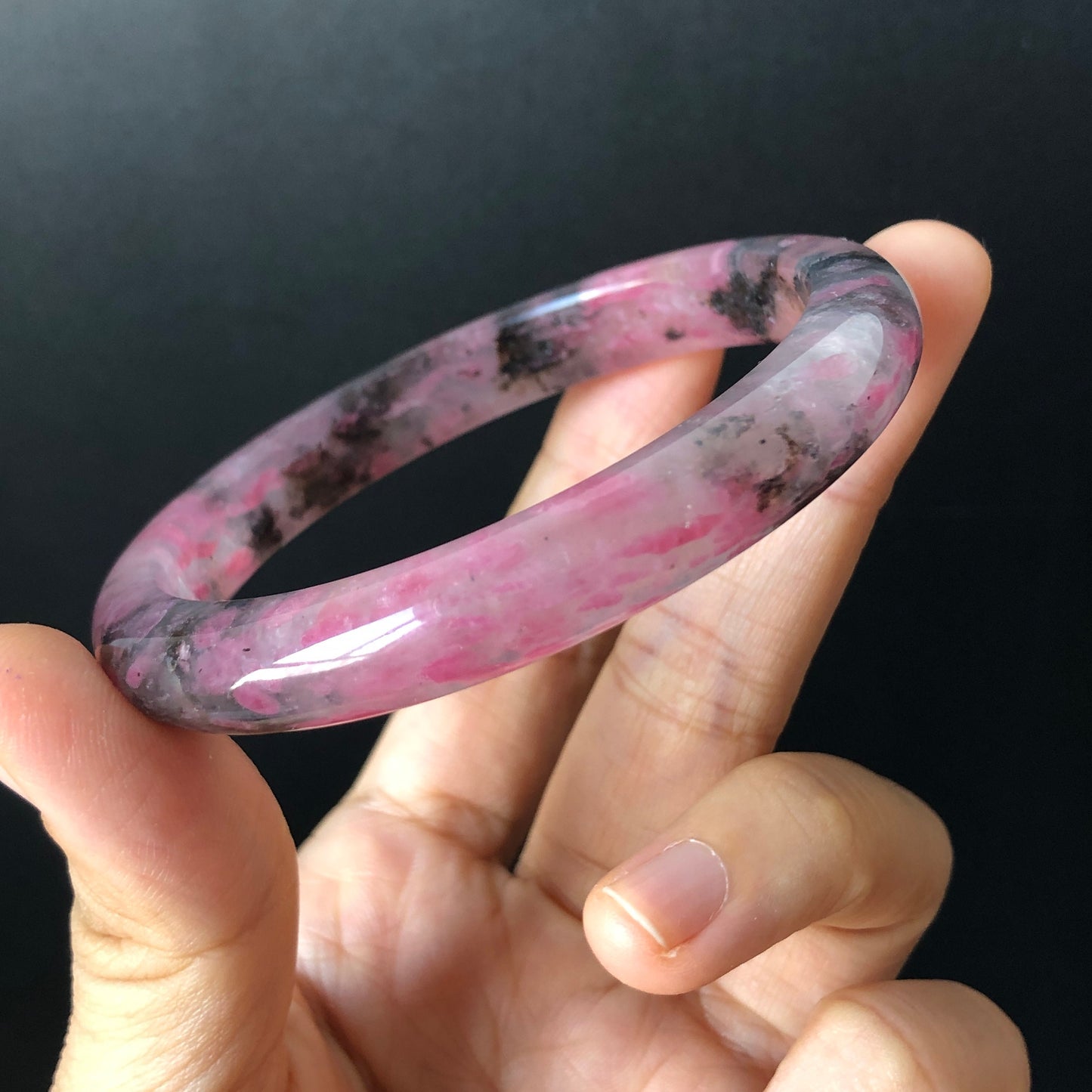 57.6mm Natural Icy Rhodonite Crystal Bangle | Cherry Plum Blossom Sakura Rain | Chinese Painting Danqing | Black Lances | Healing Stone Gift