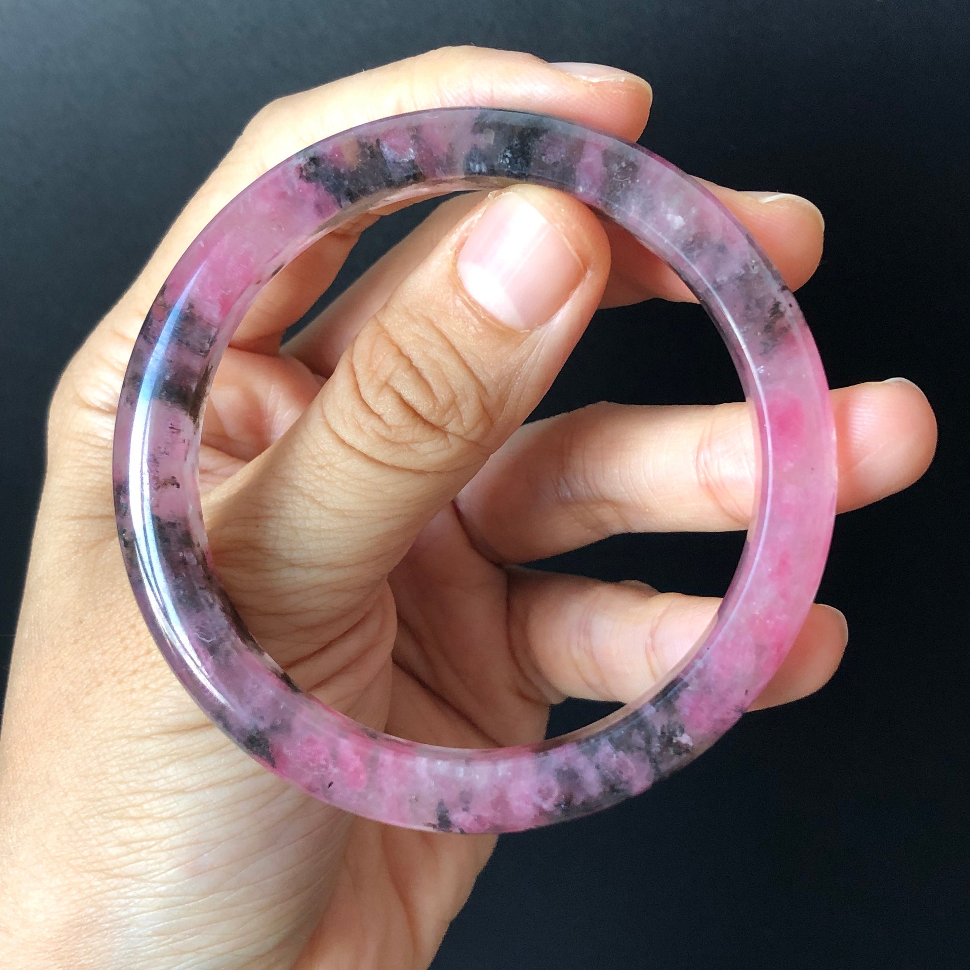 57.6mm Natural Icy Rhodonite Crystal Bangle | Cherry Plum Blossom Sakura Rain | Chinese Painting Danqing | Black Lances | Healing Stone Gift