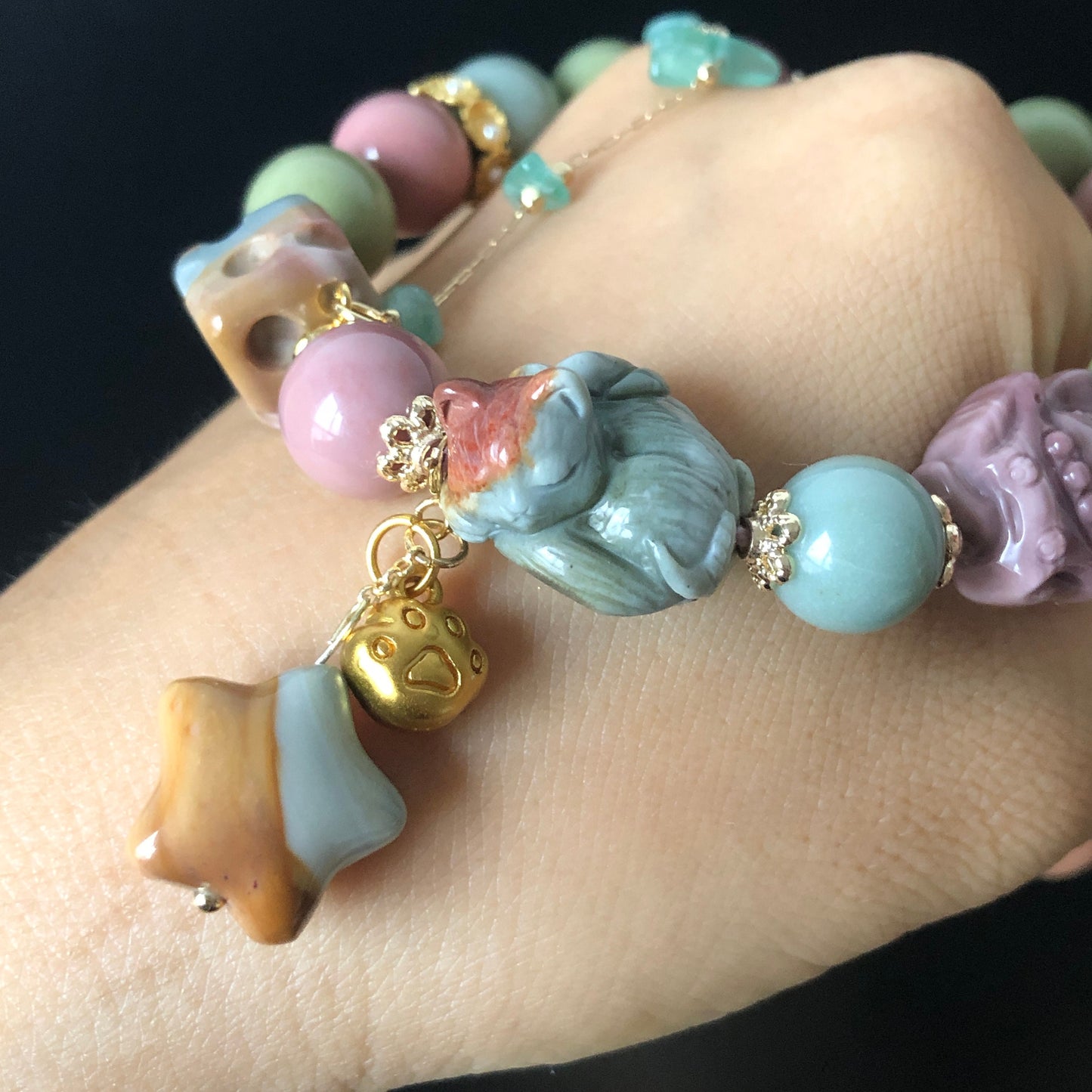 Alashan Agate carved Sleeping Cat Kitten and Flying Squirrel with Paw Charm Bead Crystal Bracelet | Aventurine Jade Chain & Dangler