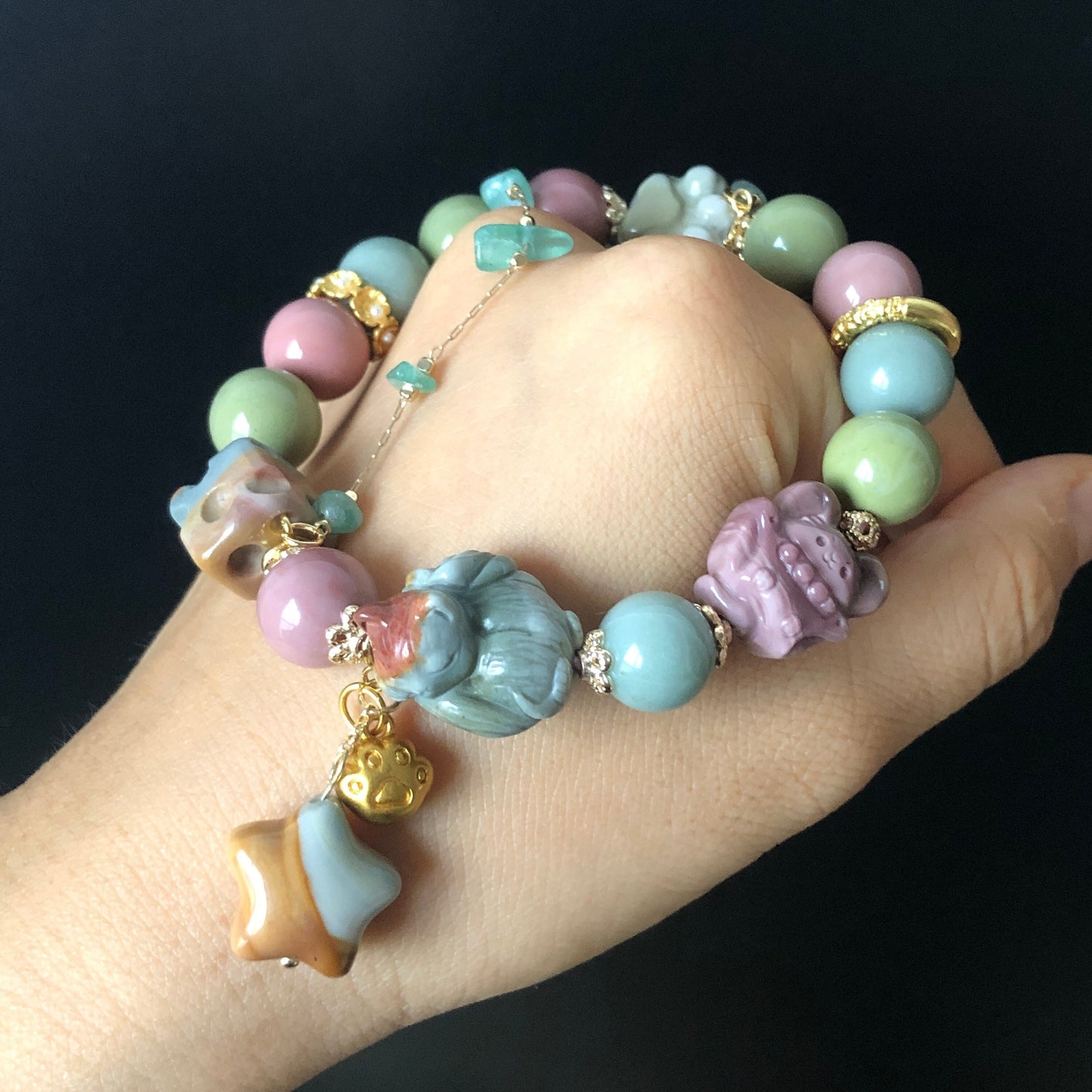 Alashan Agate carved Sleeping Cat Kitten and Flying Squirrel with Paw Charm Bead Crystal Bracelet | Aventurine Jade Chain & Dangler