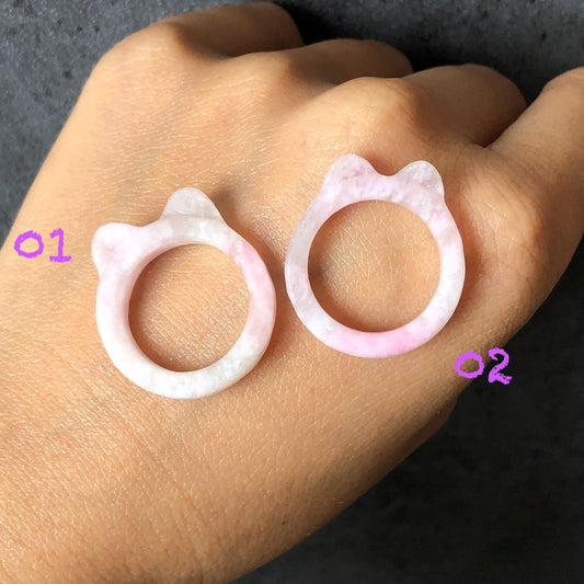 Natural She Taicui Jade (Quartzite) Carved Kitten Cat Ears Pink Crystal Ring | White Snow Flake | 17mm+ (US 7-7.5) | Icy Translucent