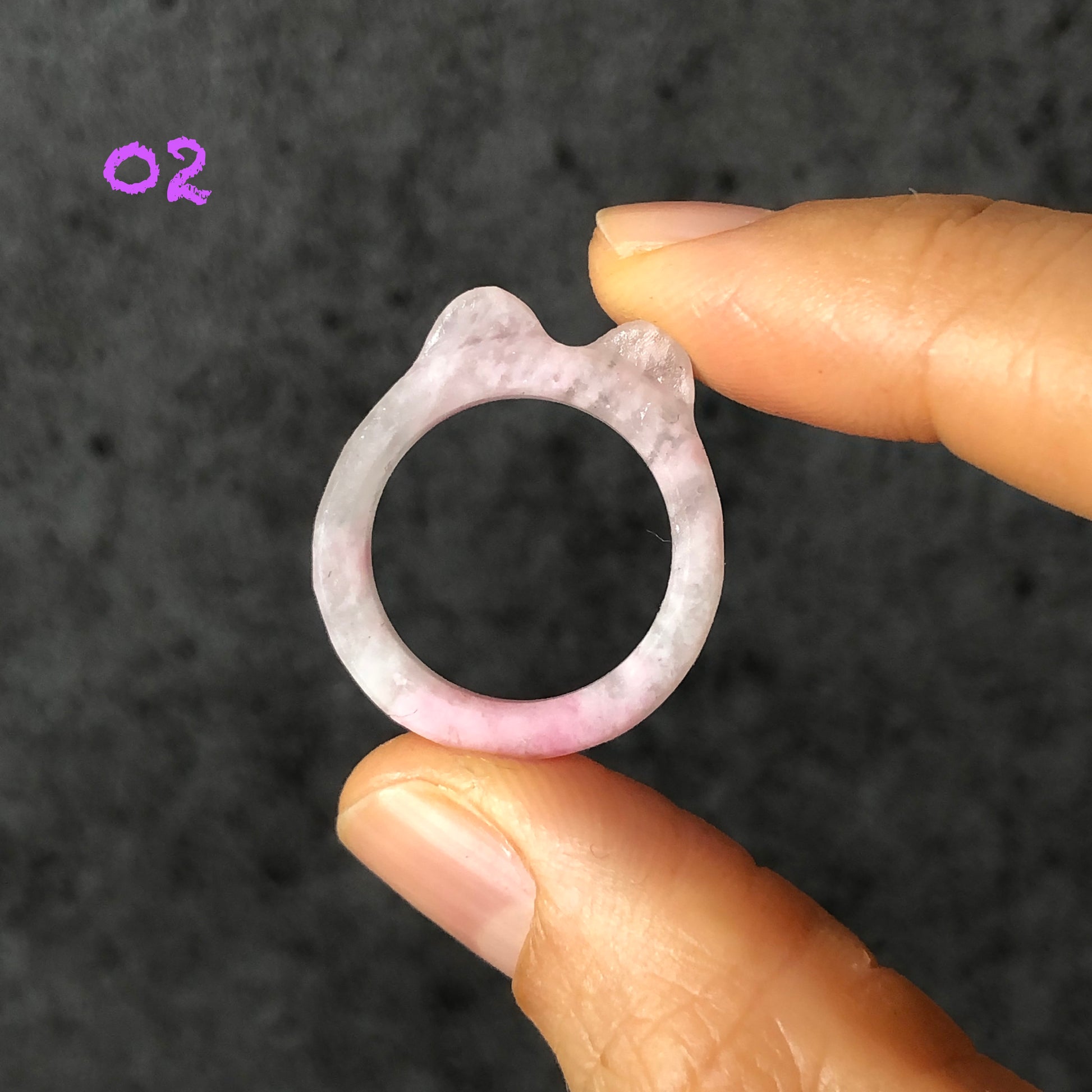 Natural She Taicui Jade (Quartzite) Carved Kitten Cat Ears Pink Crystal Ring | White Snow Flake | 17mm+ (US 7-7.5) | Icy Translucent