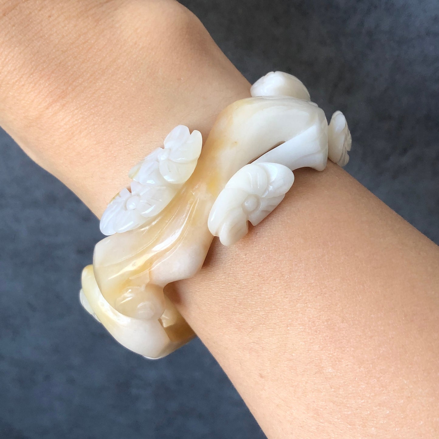 59.7mm Natural SheTaiCui Jade (Quartzite) Hand Carved Kitten Cat with Tree Branch Flowers Hollow Out Crystal Bangle bracelet | Milky Coral