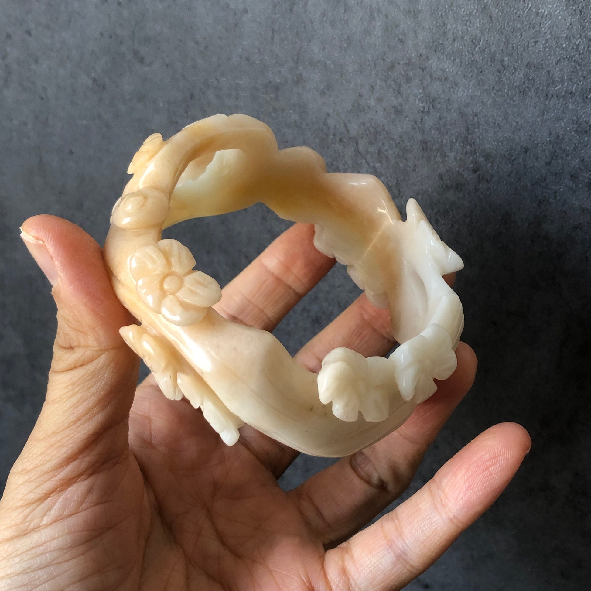 59.7mm Natural SheTaiCui Jade (Quartzite) Hand Carved Kitten Cat with Tree Branch Flowers Hollow Out Crystal Bangle bracelet | Milky Coral