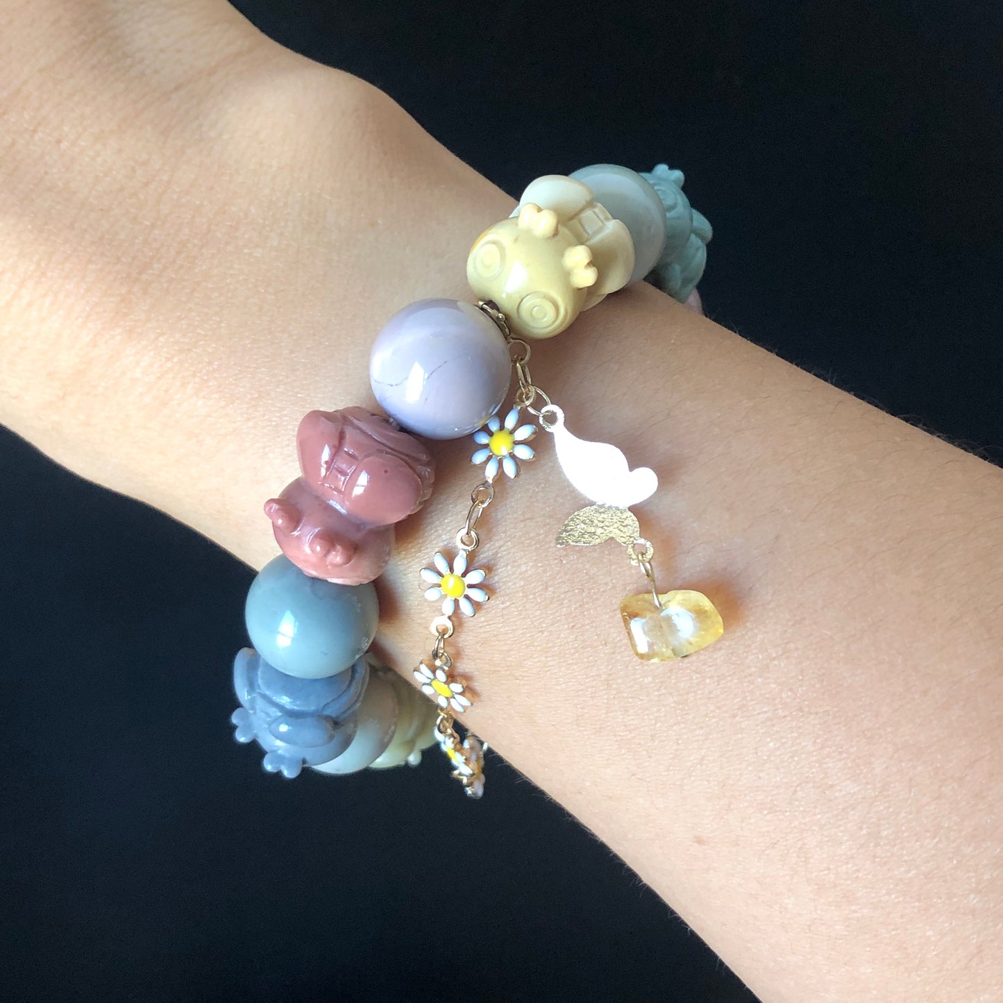 Alashan Agate carved Bees with Rose Charm Bead Crystal Gemstone custom made DIY Bracelet | Daisy Citrine Dangler | Macaron Rainbow Colour