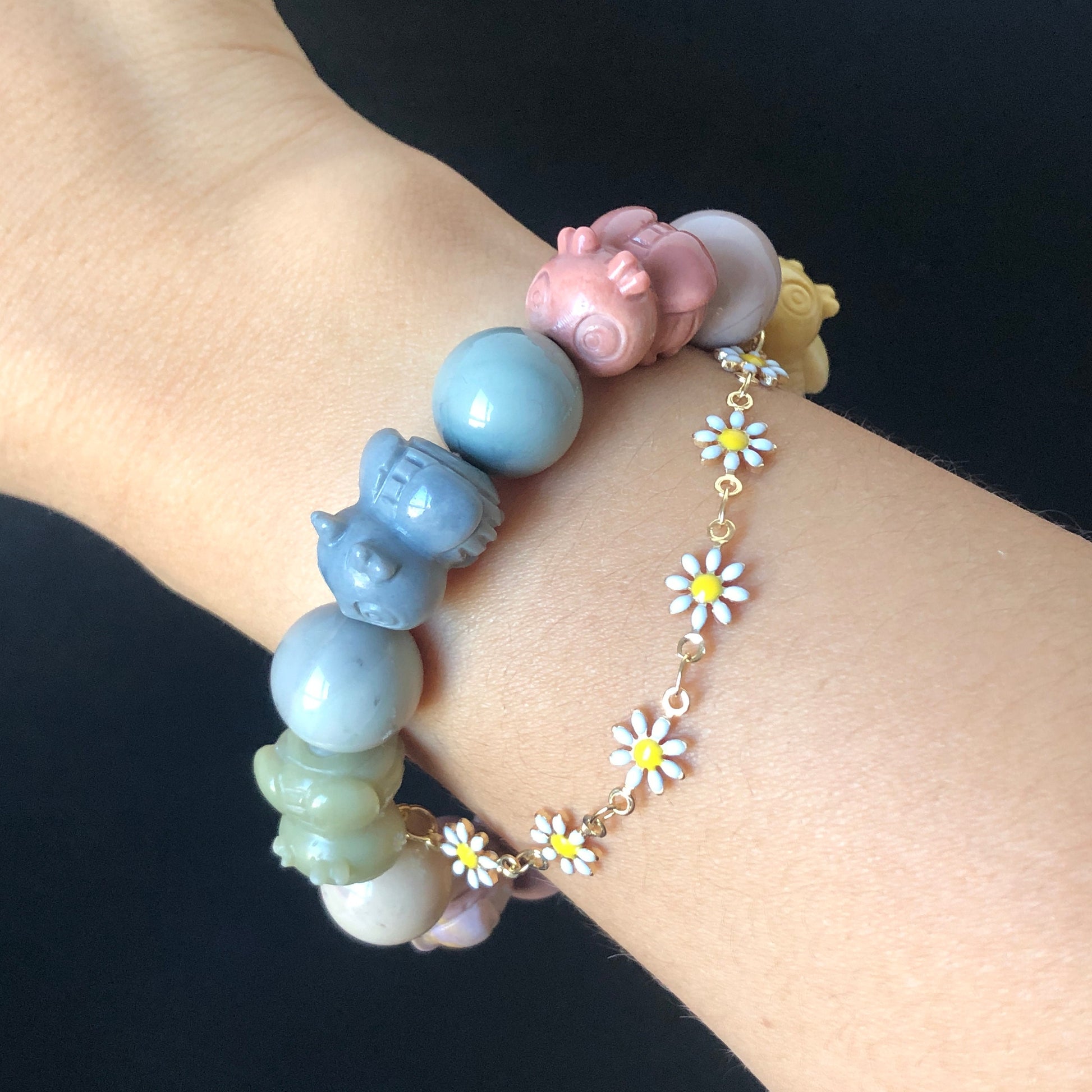 Alashan Agate carved Bees with Rose Charm Bead Crystal Gemstone custom made DIY Bracelet | Daisy Citrine Dangler | Macaron Rainbow Colour