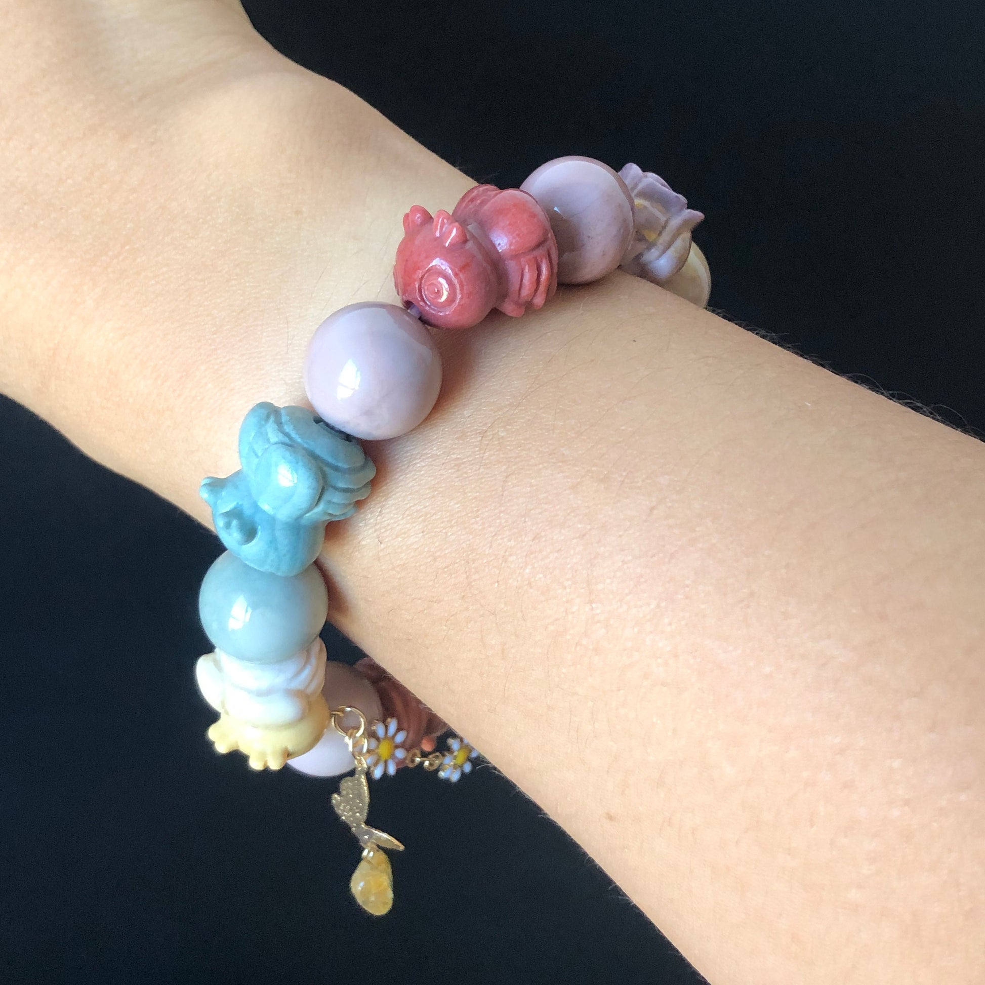 Alashan Agate carved Bees with Rose Charm Bead Crystal Gemstone custom made DIY Bracelet | Daisy Citrine Dangler | Macaron Rainbow Colour