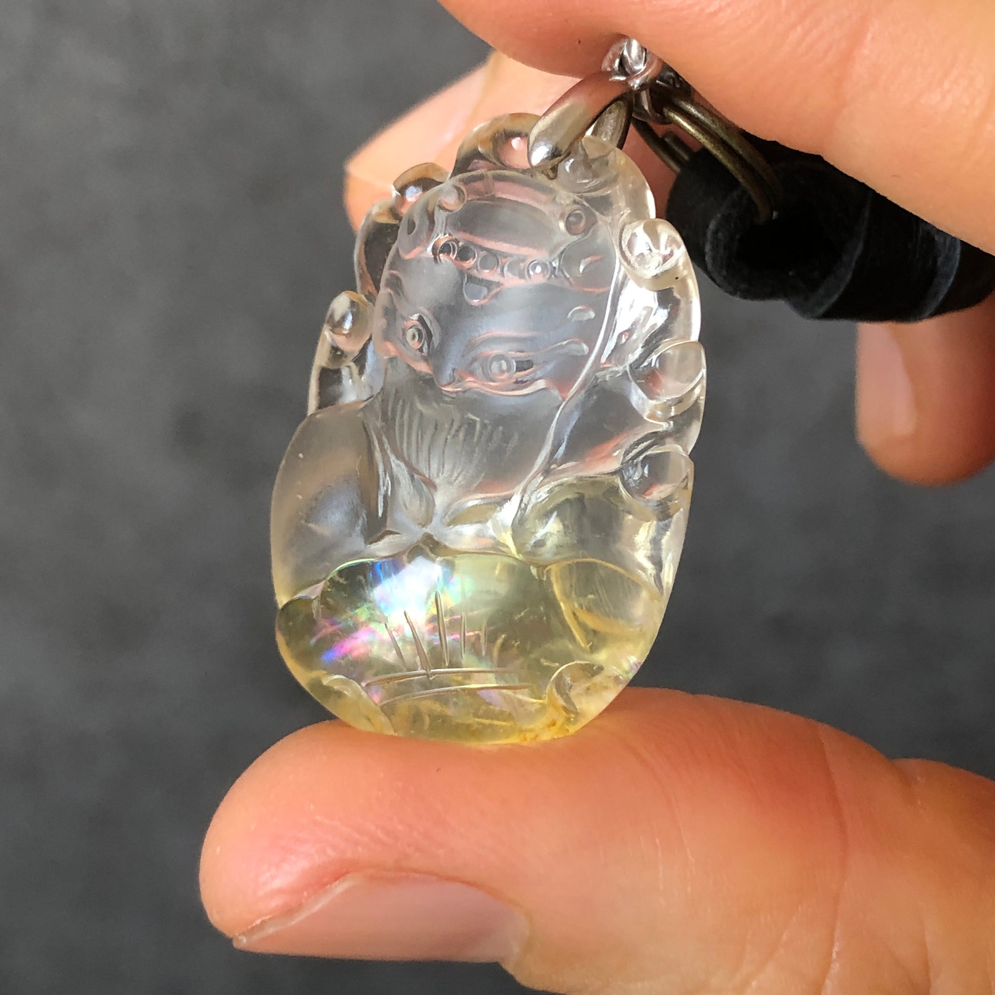 High Quality Natural Yellow Hematoid Quartz Crystal with Rainbow Hand Carved Nine-tailed Fox Pendant | Ruyi Charm | Adjustable Necklace