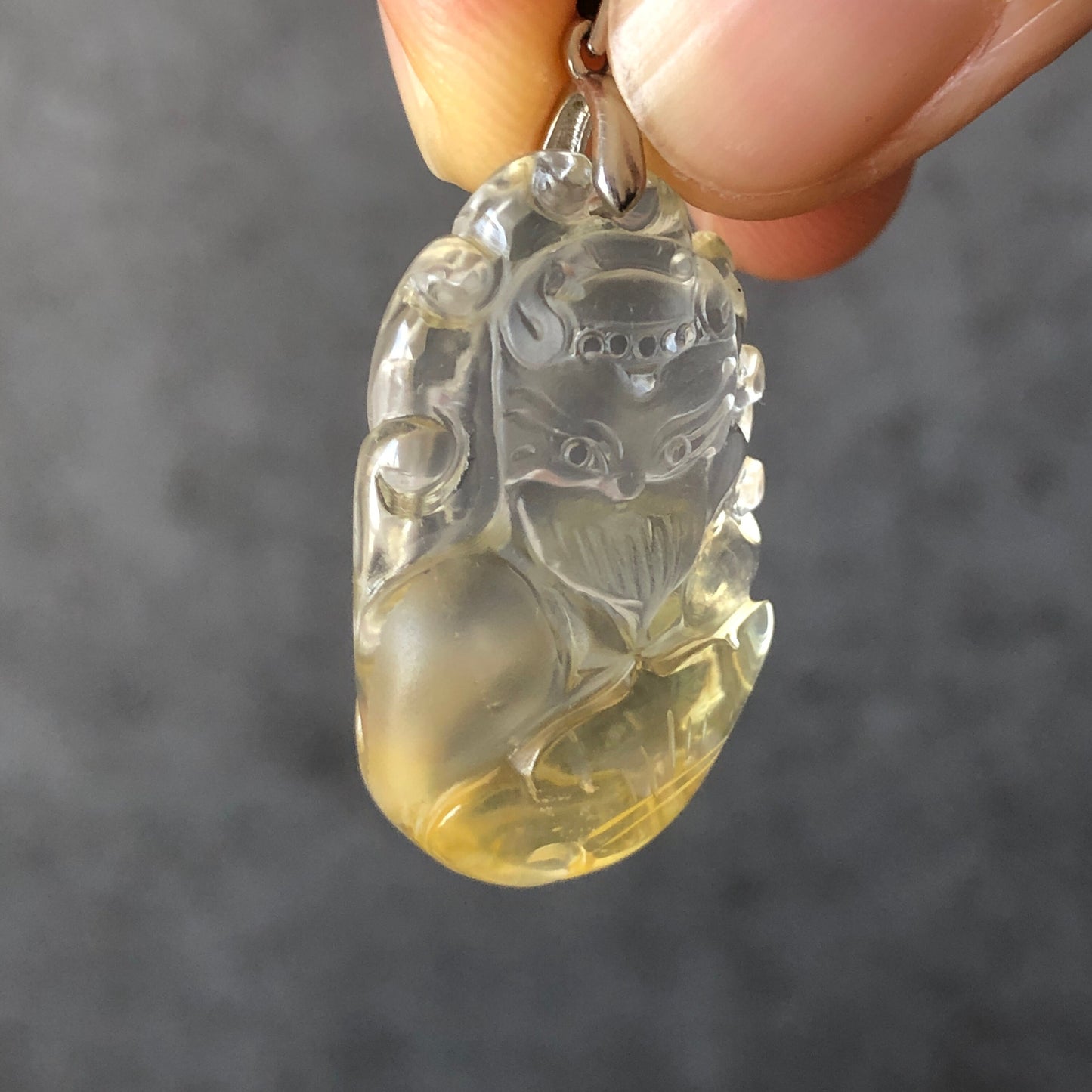 High Quality Natural Yellow Hematoid Quartz Crystal with Rainbow Hand Carved Nine-tailed Fox Pendant | Ruyi Charm | Adjustable Necklace