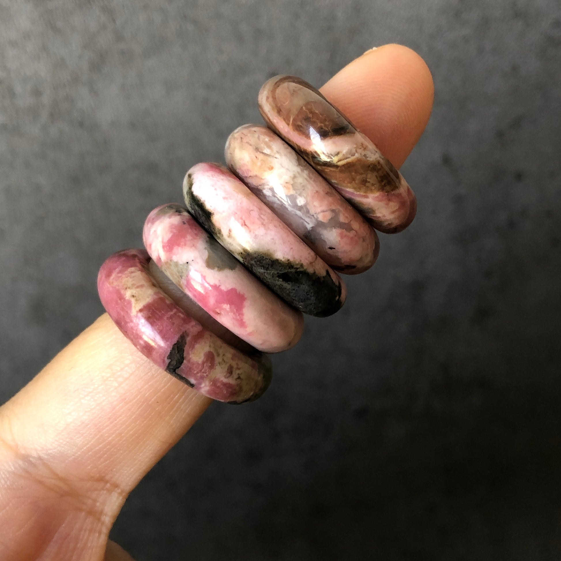 Natural Rhodonite Stone Crystal Ring | 16mm+ | US 5.5-6.5 | Pink with Brown, Green and Porcelain Blue | The Heart Chakra Healing Gemstone