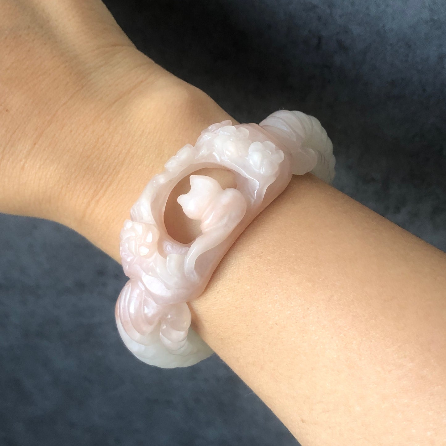 56.5mm Custom Size Natural SheTaiCui Jade (Quartzite) Hand Carved Kitten Cat Flowers Hollow Out Crystal Bangle | Icy Coral Pink