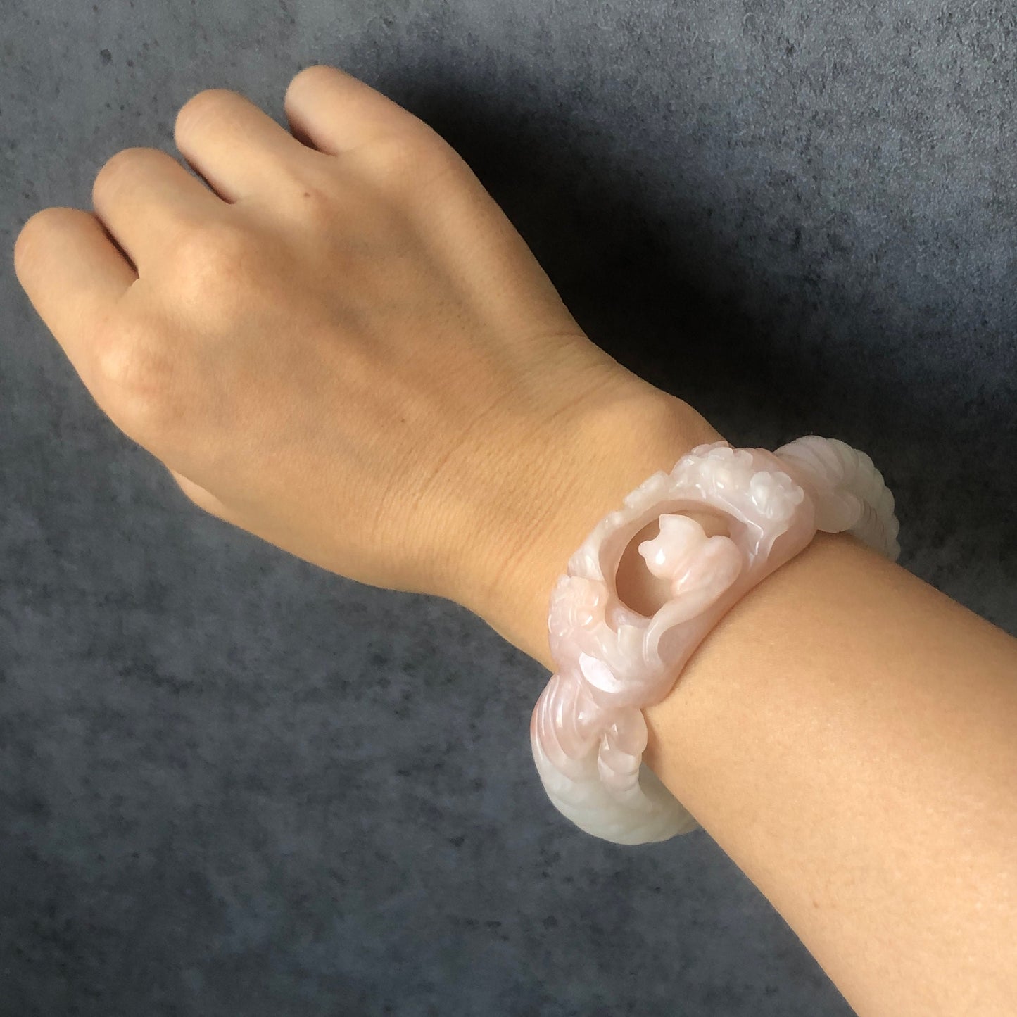 56.5mm Custom Size Natural SheTaiCui Jade (Quartzite) Hand Carved Kitten Cat Flowers Hollow Out Crystal Bangle | Icy Coral Pink