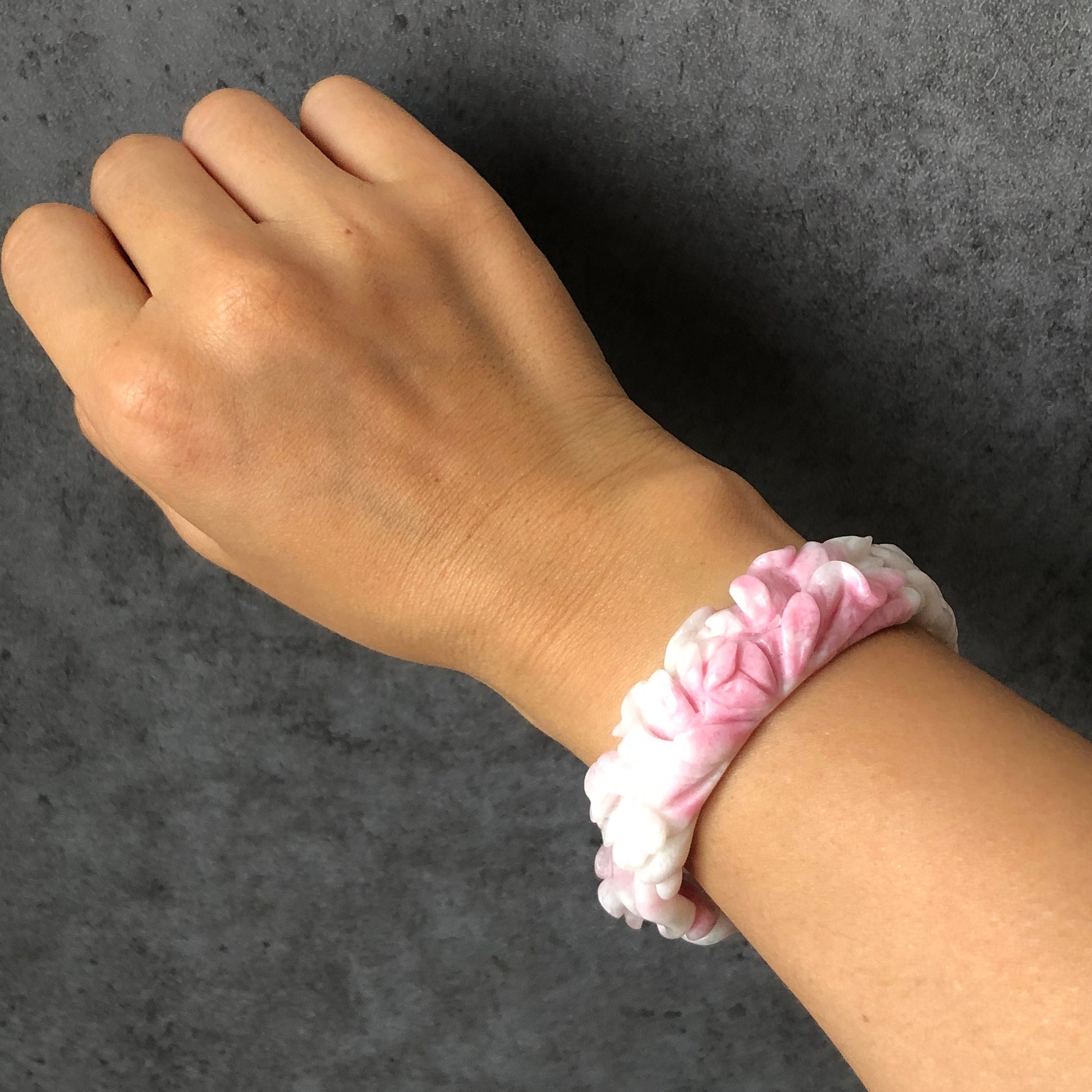 53.6mm Natural SheTaiCui Jade (Quartzite) Hand Carved Peony Flowers Crystal Bangle Bracelet | Gemstone Jewellery | Icy Milky Pink | Snowy