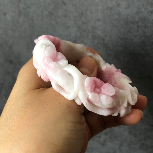 53.6mm Natural SheTaiCui Jade (Quartzite) Hand Carved Peony Flowers Crystal Bangle Bracelet | Gemstone Jewellery | Icy Milky Pink | Snowy