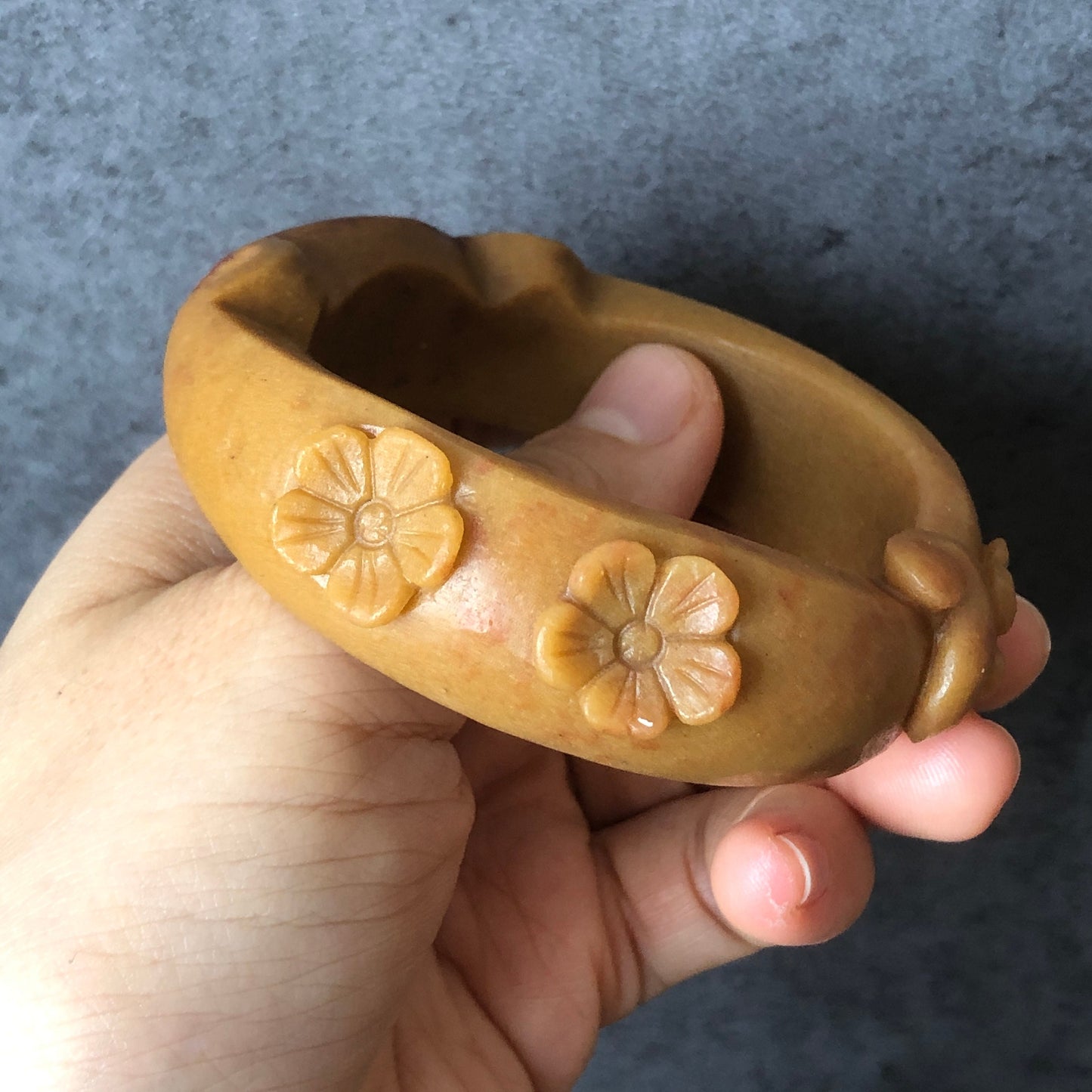 54.5mm Natural SheTaiCui Jade (Quartzite) Hand Carved Cat Ear Bangle Bracelet| Caramel Coffee Colour | Kitten Tail & Paw | Cat Lover Gift