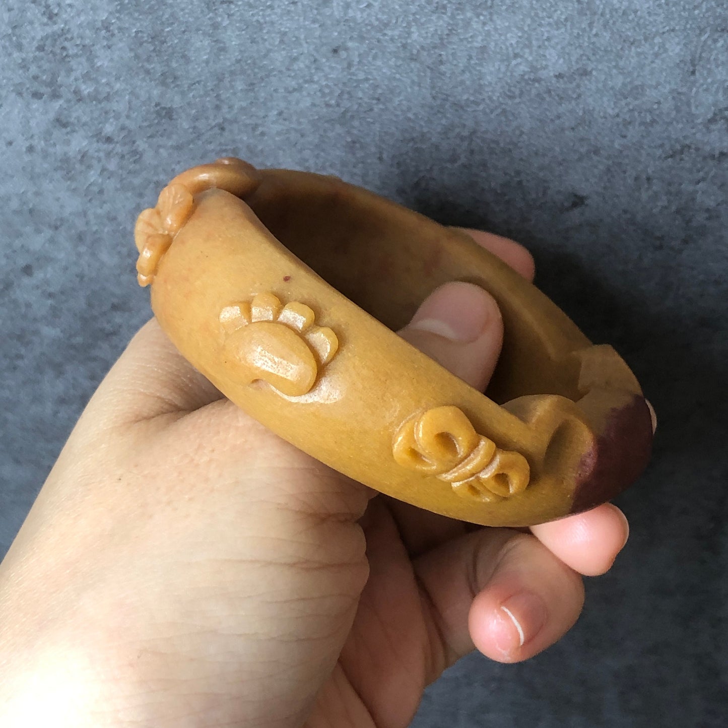 54.5mm Natural SheTaiCui Jade (Quartzite) Hand Carved Cat Ear Bangle Bracelet| Caramel Coffee Colour | Kitten Tail & Paw | Cat Lover Gift