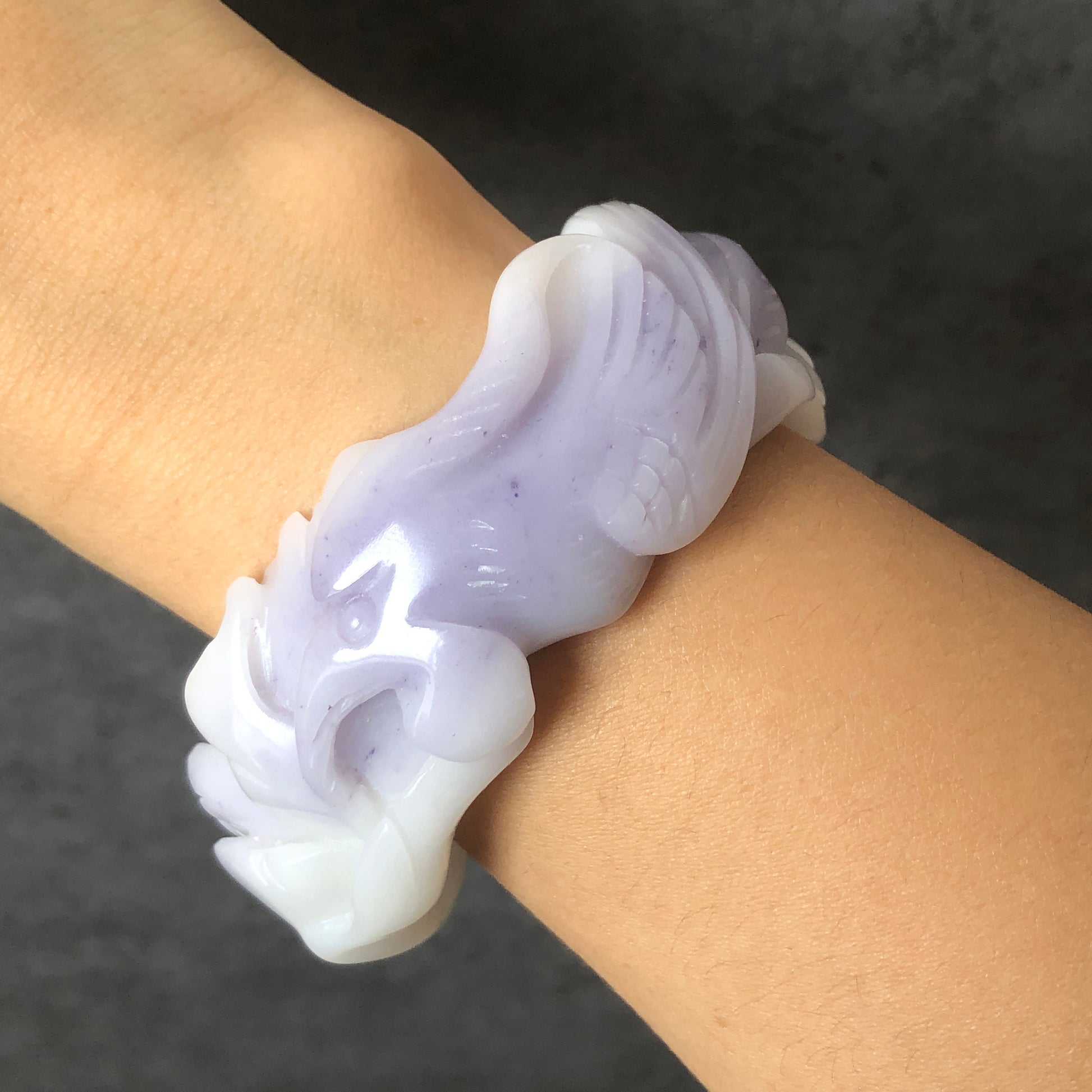 58.2mm Natural SheTaiCui Jade (Quartzite) Hand Carved Phoenix with Peony and Cloud Crystal Bangle Bracelet | Purple & White | Gemstone