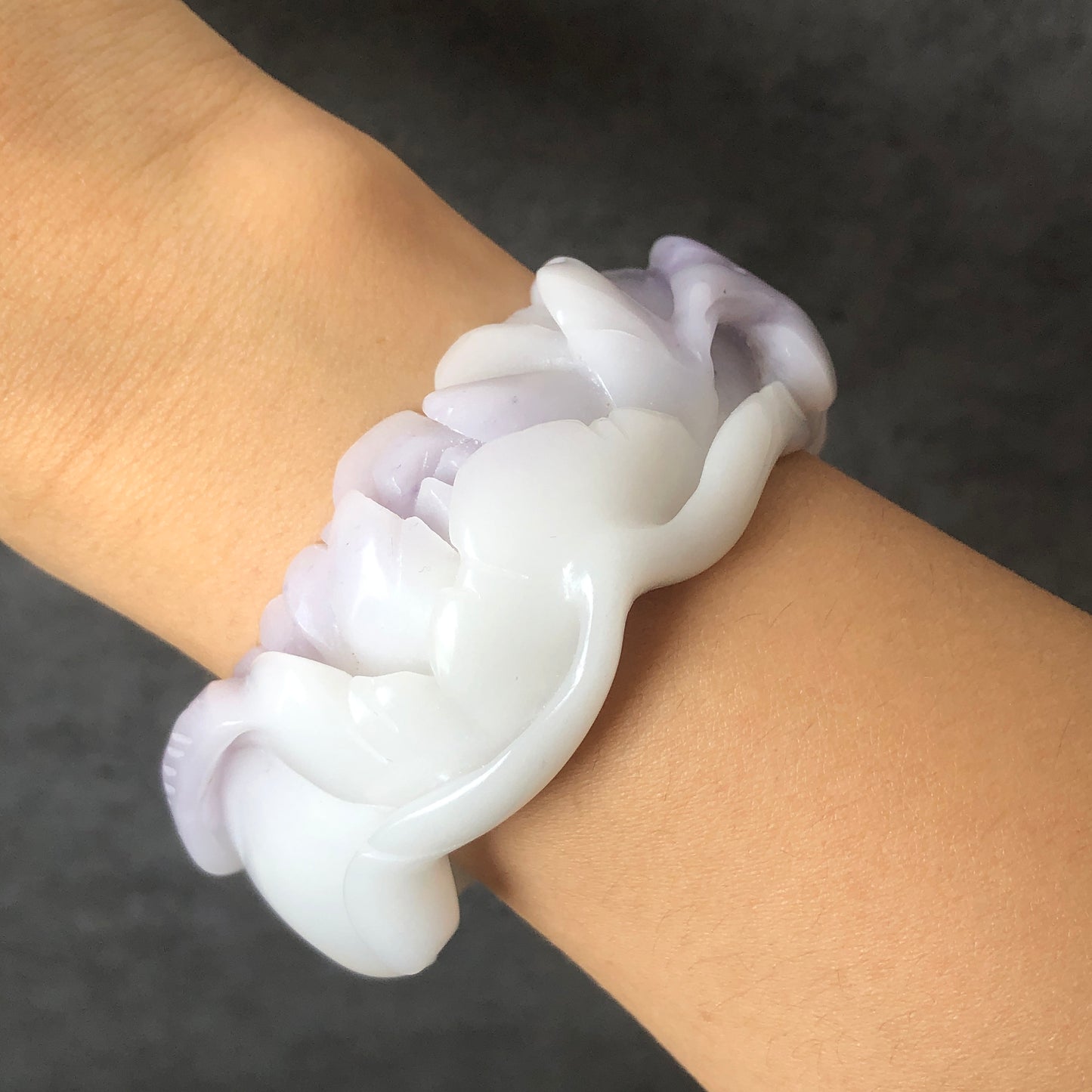 58.2mm Natural SheTaiCui Jade (Quartzite) Hand Carved Phoenix with Peony and Cloud Crystal Bangle Bracelet | Purple & White | Gemstone