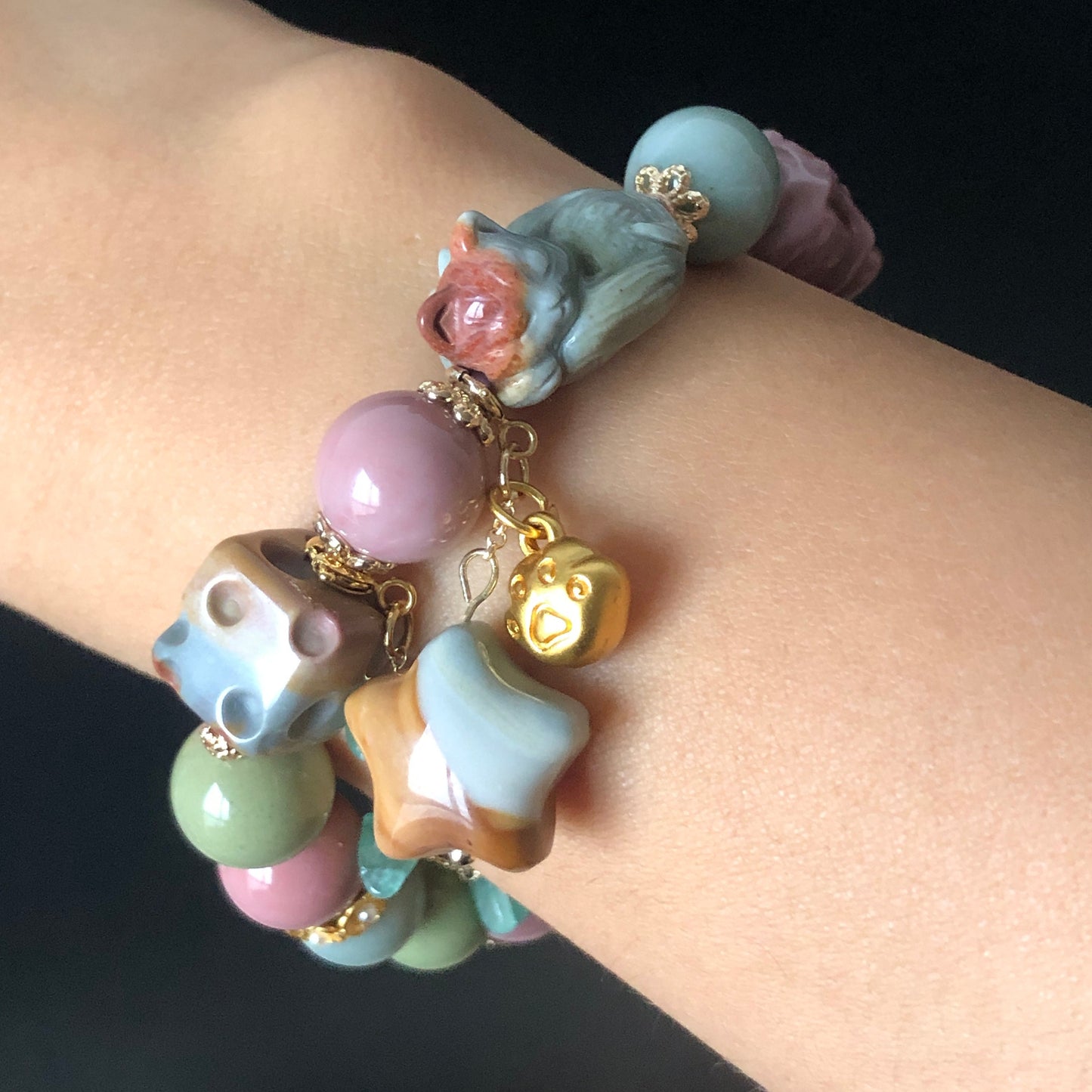 Alashan Agate carved Sleeping Cat Kitten and Flying Squirrel with Paw Charm Bead Crystal Bracelet | Aventurine Jade Chain & Dangler