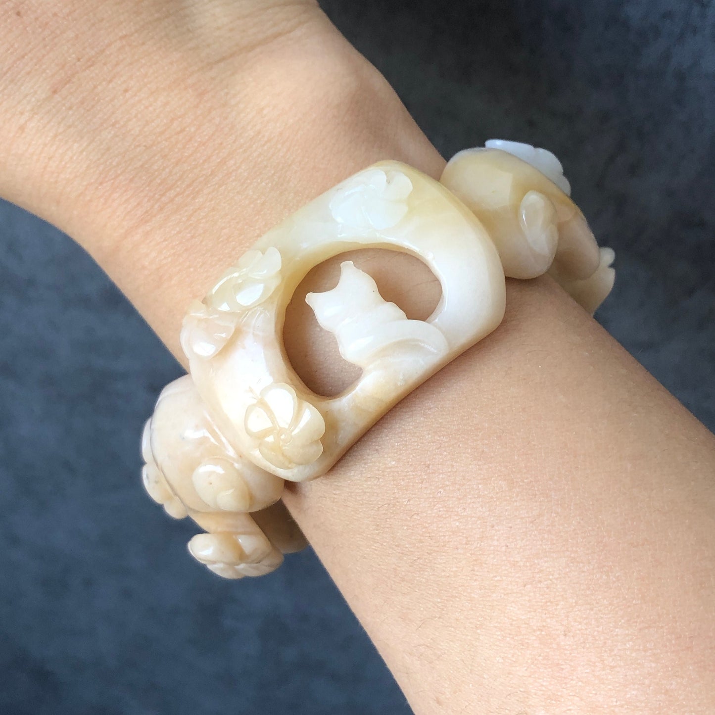 59.7mm Natural SheTaiCui Jade (Quartzite) Hand Carved Kitten Cat with Tree Branch Flowers Hollow Out Crystal Bangle bracelet | Milky Coral