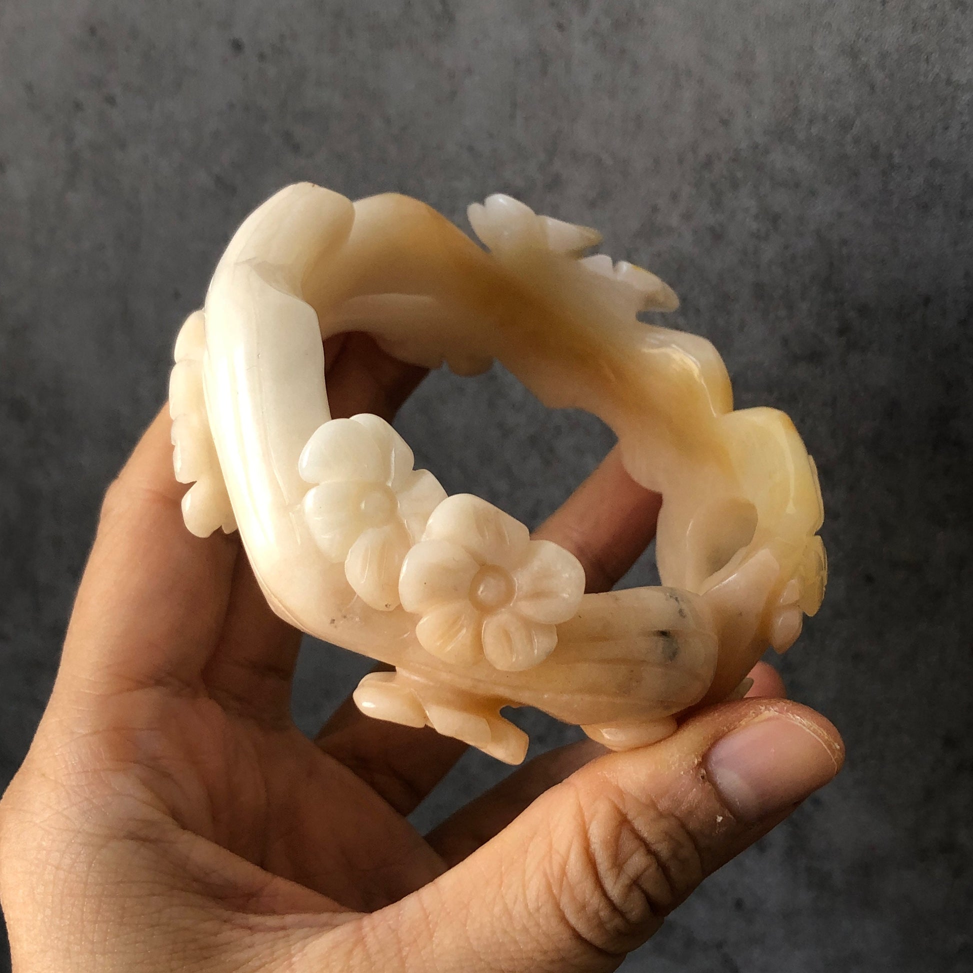 59.7mm Natural SheTaiCui Jade (Quartzite) Hand Carved Kitten Cat with Tree Branch Flowers Hollow Out Crystal Bangle bracelet | Milky Coral