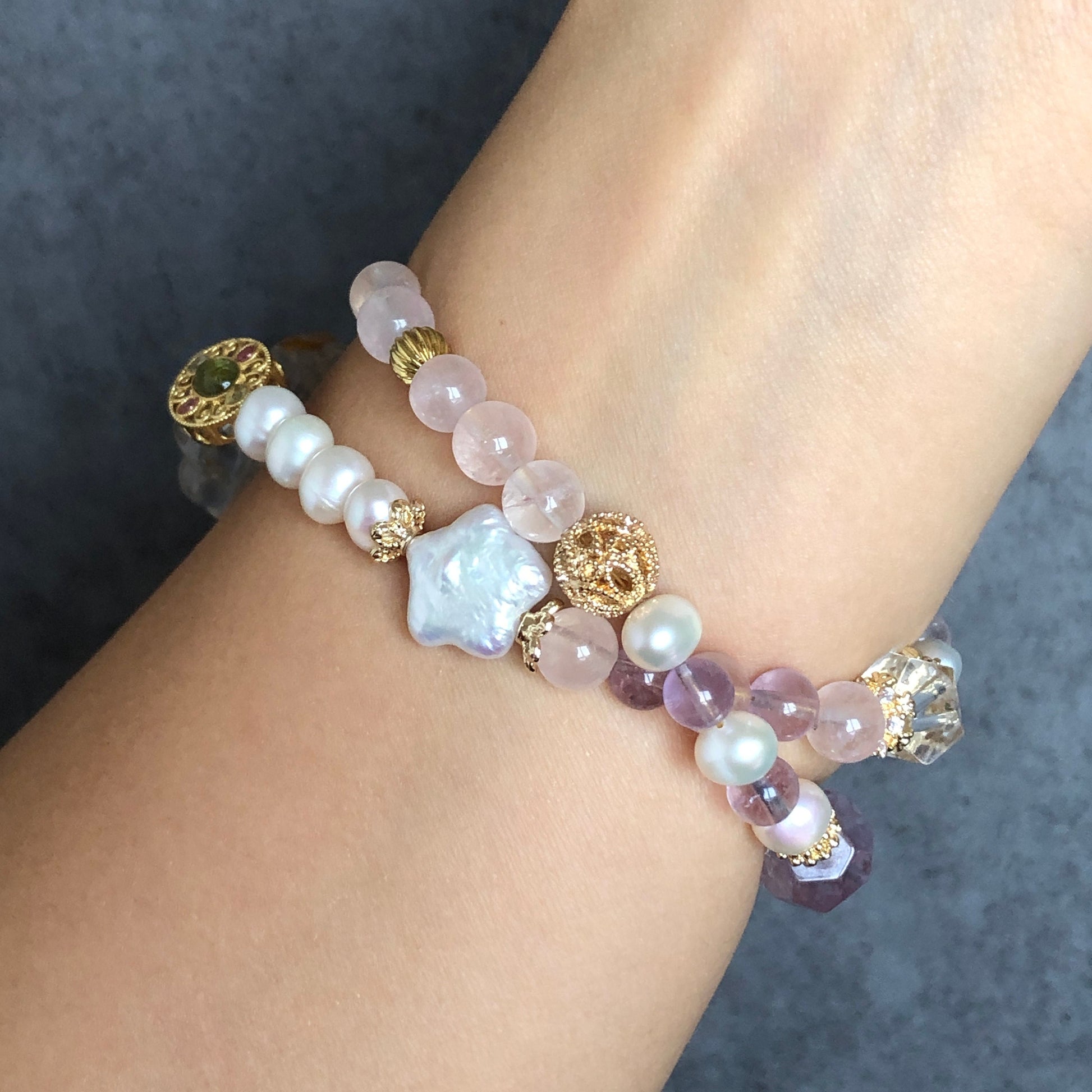 Rainbow Clear Quartz with Hematoid Carved Nine-tailed Fox 2 way Necklace Choker and Bracelet | Rose Quartz, Amethyst and Freshwater Pearl