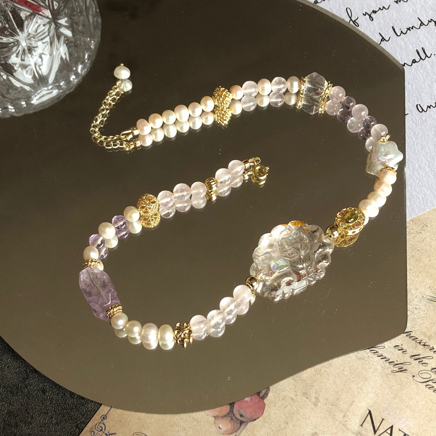 Rainbow Clear Quartz with Hematoid Carved Nine-tailed Fox 2 way Necklace Choker and Bracelet | Rose Quartz, Amethyst and Freshwater Pearl