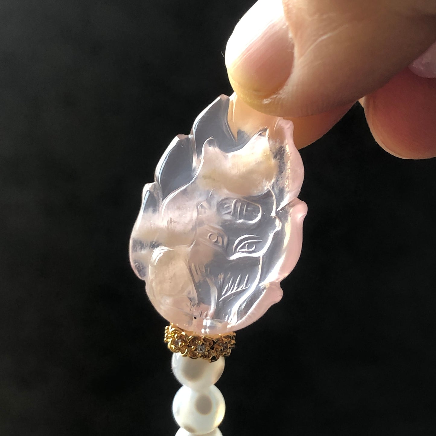 Pink Snow Phantom Quartz Carved Nine-tailed Fox Charm Crystal Double Layer Bracelet | with Kunzite, Snowflake Agate, Pearl | Love & Healing