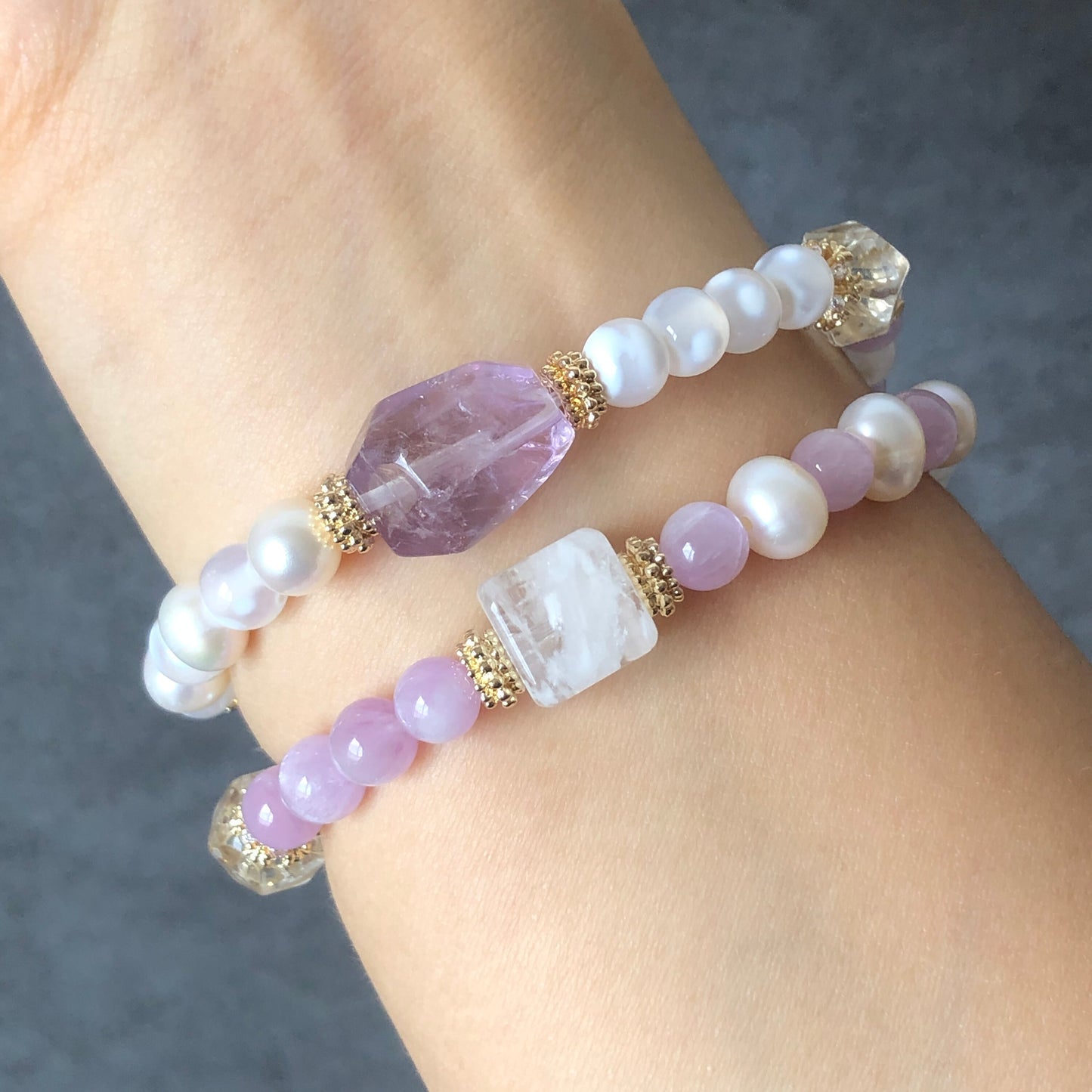 Pink Snow Phantom Quartz Carved Nine-tailed Fox Charm Crystal Double Layer Bracelet | with Kunzite, Snowflake Agate, Pearl | Love & Healing