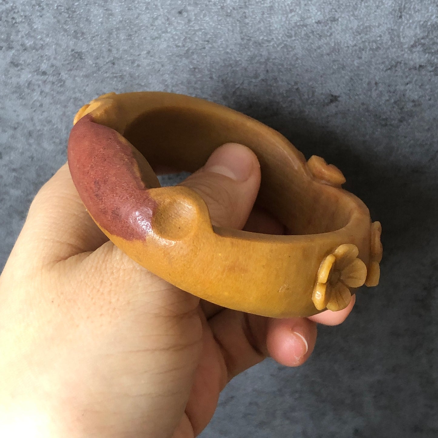 54.5mm Natural SheTaiCui Jade (Quartzite) Hand Carved Cat Ear Bangle Bracelet| Caramel Coffee Colour | Kitten Tail & Paw | Cat Lover Gift