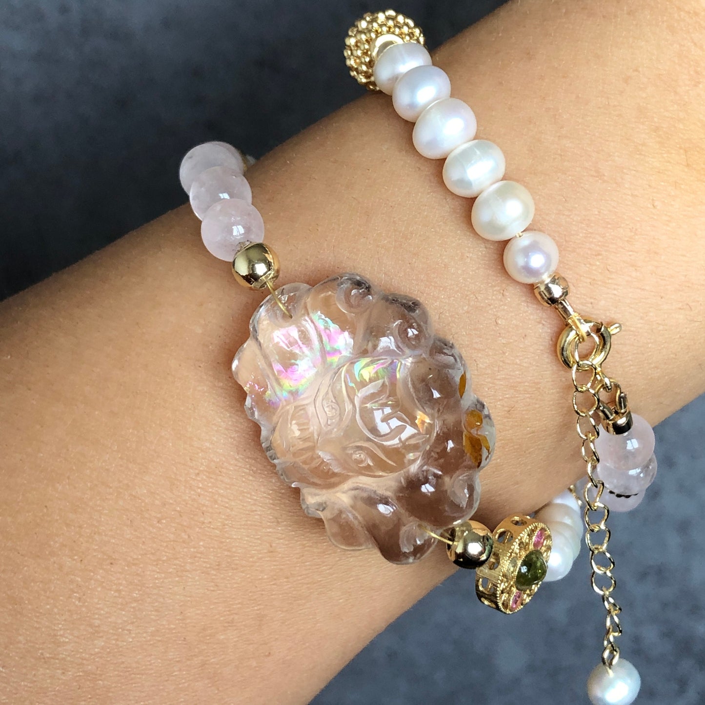 Rainbow Clear Quartz with Hematoid Carved Nine-tailed Fox 2 way Necklace Choker and Bracelet | Rose Quartz, Amethyst and Freshwater Pearl