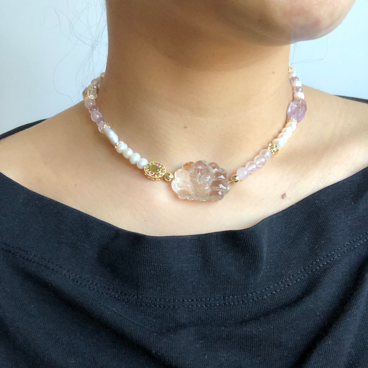 Rainbow Clear Quartz with Hematoid Carved Nine-tailed Fox 2 way Necklace Choker and Bracelet | Rose Quartz, Amethyst and Freshwater Pearl